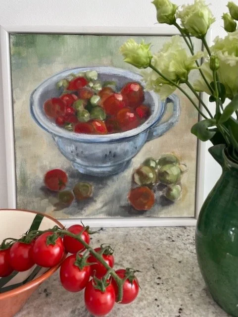 Garden tomatoes, oil on canvas 30 x 30cm, framed. Was £350 sale price £280