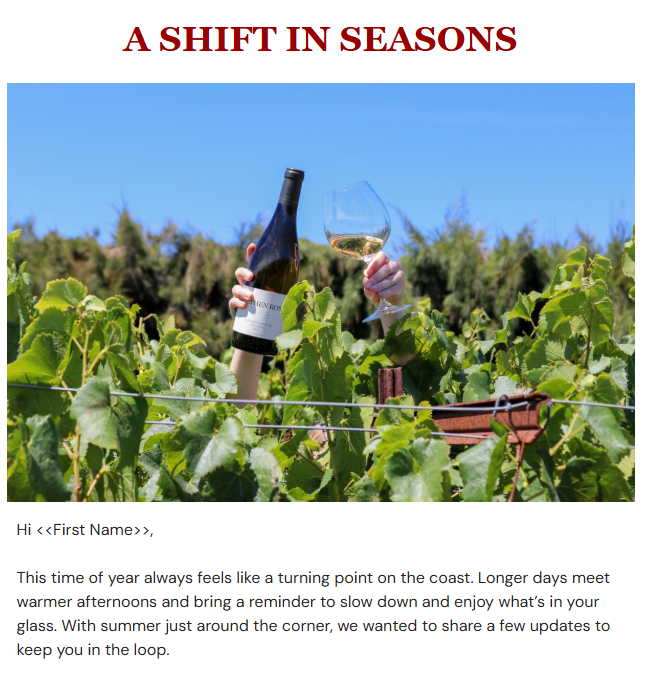 An email screenshot shows hands holding Chardonnay in the vineyard with the heading "a shift in seasons"