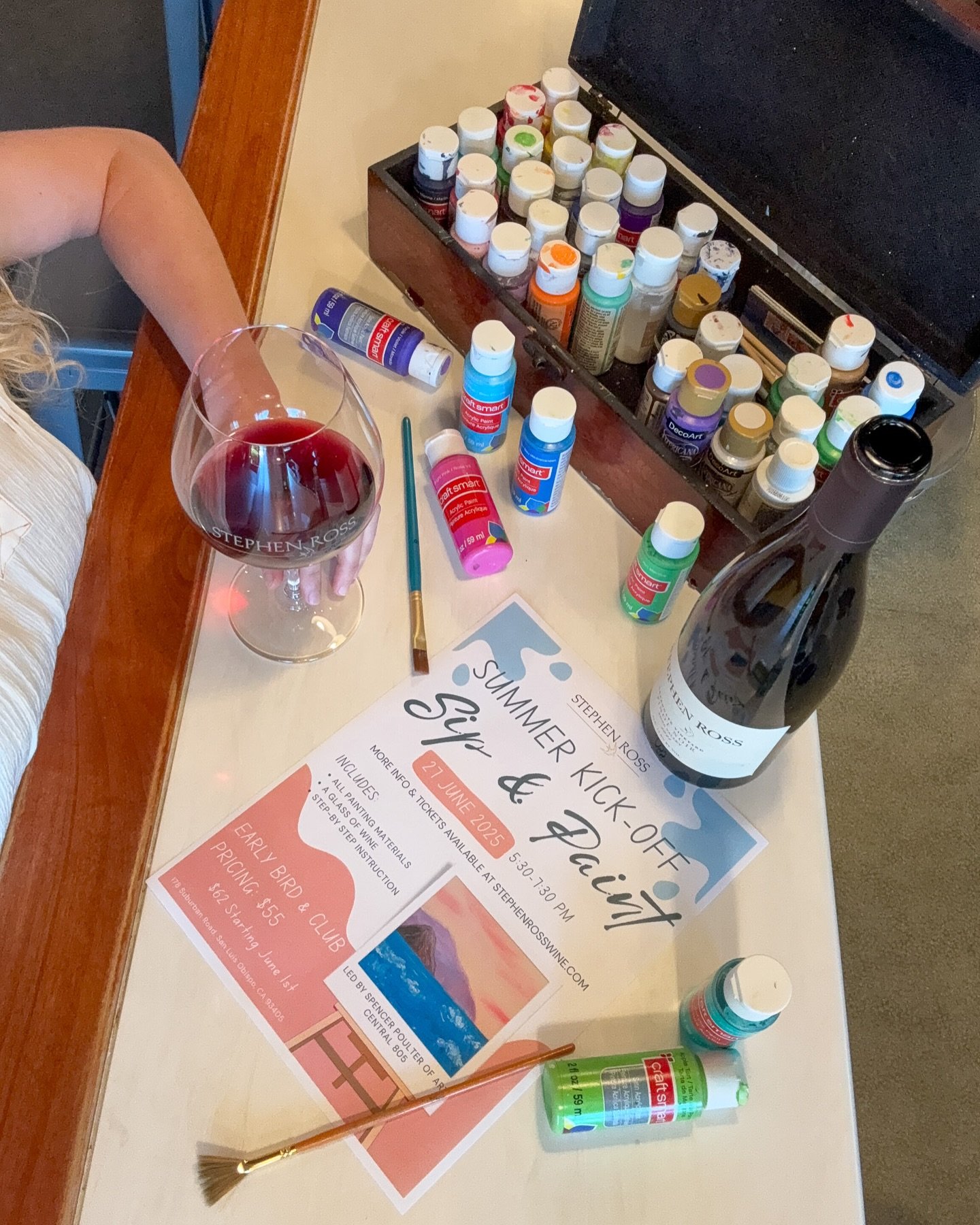 Your perfect Friday plans? Just add wine + paint 🍷🎨

Unwind with a glass and brush in hand at our Summer Kick-Off Sip &amp; Paint. 

📅 Friday, June 27 | 5:30-7:30 PM
📍Stephen Ross Wine Cellars
🍷Includes a glass of wine, all painting supplies, &a