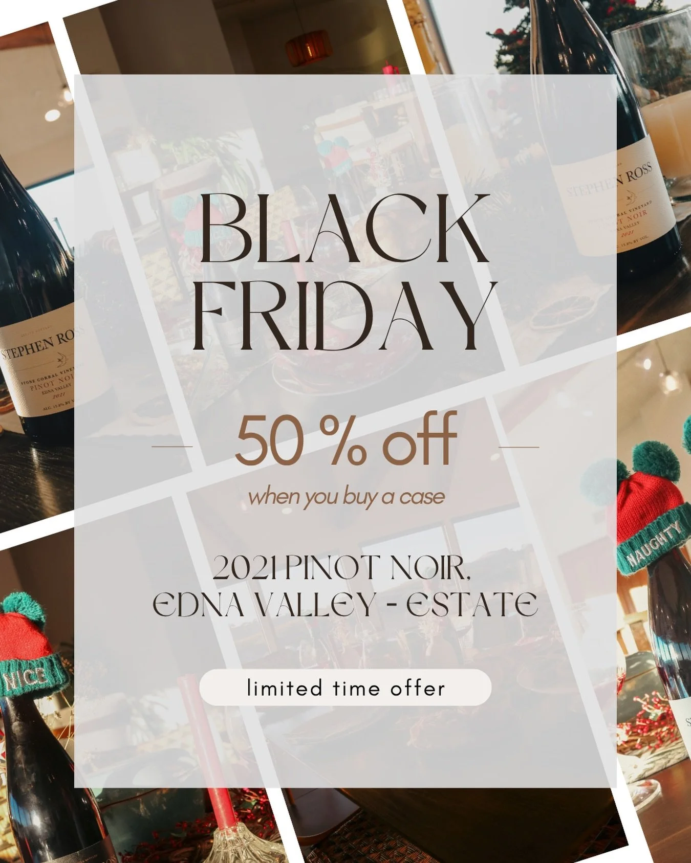 ⭐️ Black Friday is Here! ⭐️

50% OFF when you buy a case of 2021 Pinot Noir, Edna Valley &mdash; Estate. 
Originally $540, now $270 &mdash; club discounts do not apply. 

A rare deal on a wine we love. Link in bio 🤍🍷
&bull;
&bull;
&bull;
#blackfrid