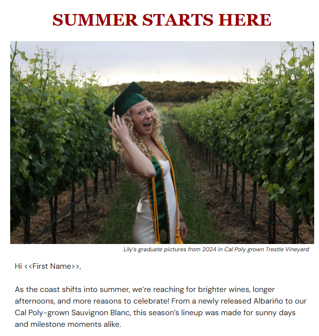 An email screenshot shows a graduate in their cap and sash standing in Trestle Vineyard with the headline "Summer Starts Here"