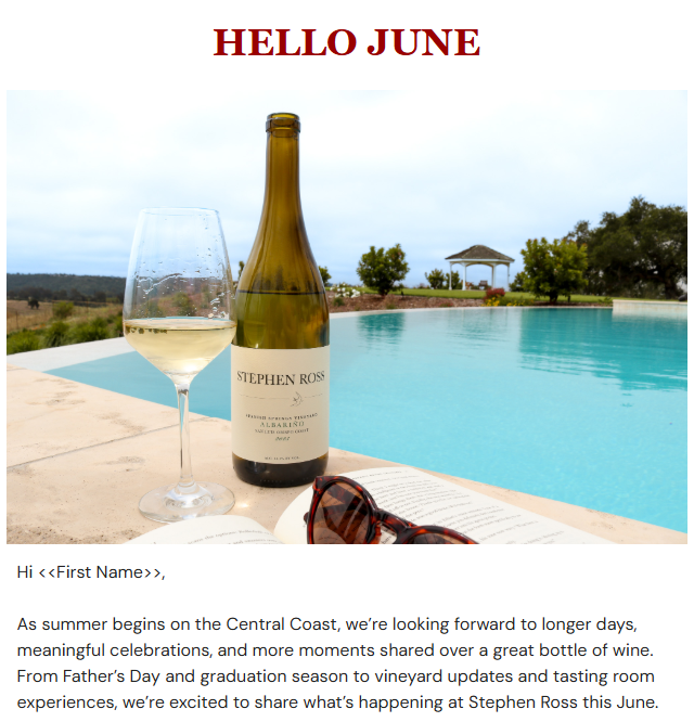 An email screenshot shows a bottle of Albarino sitting next to a glass of wine besides a pool. the heading reads "Hello June"