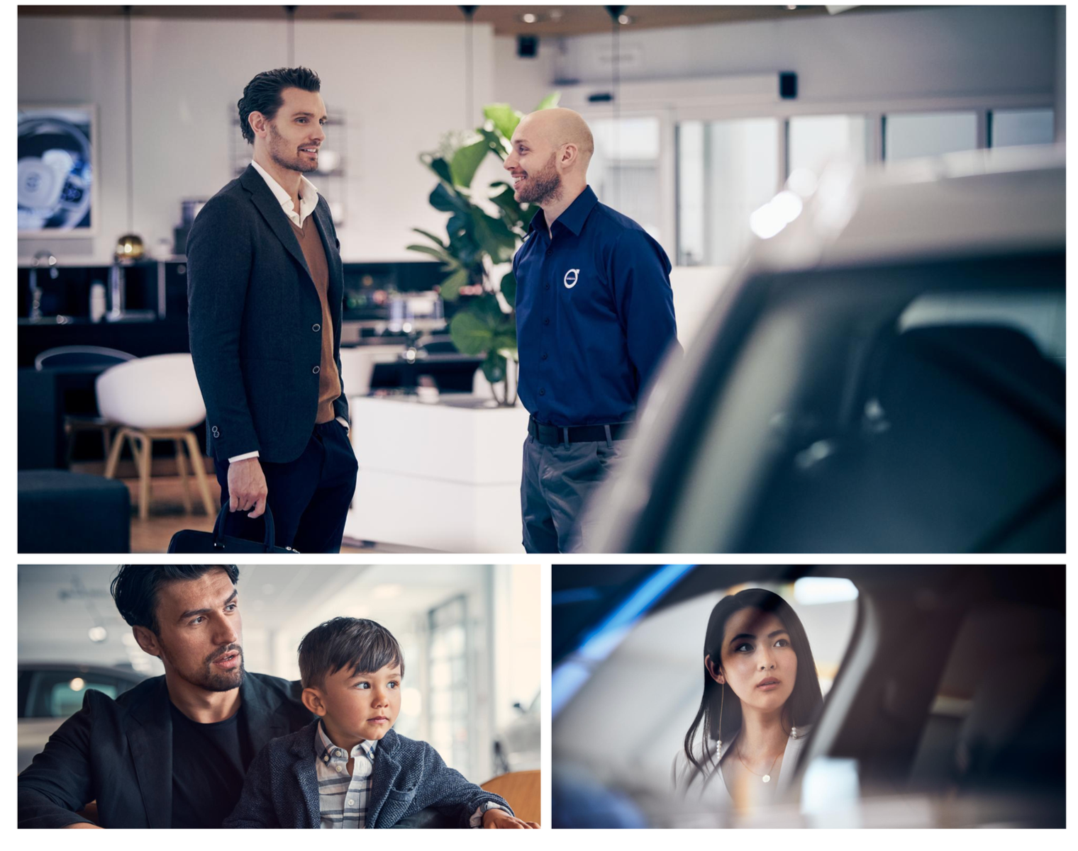 Group of people in a car dealership, including a man with sunglasses and a young boy, and a woman inside a car, all looking attentive.