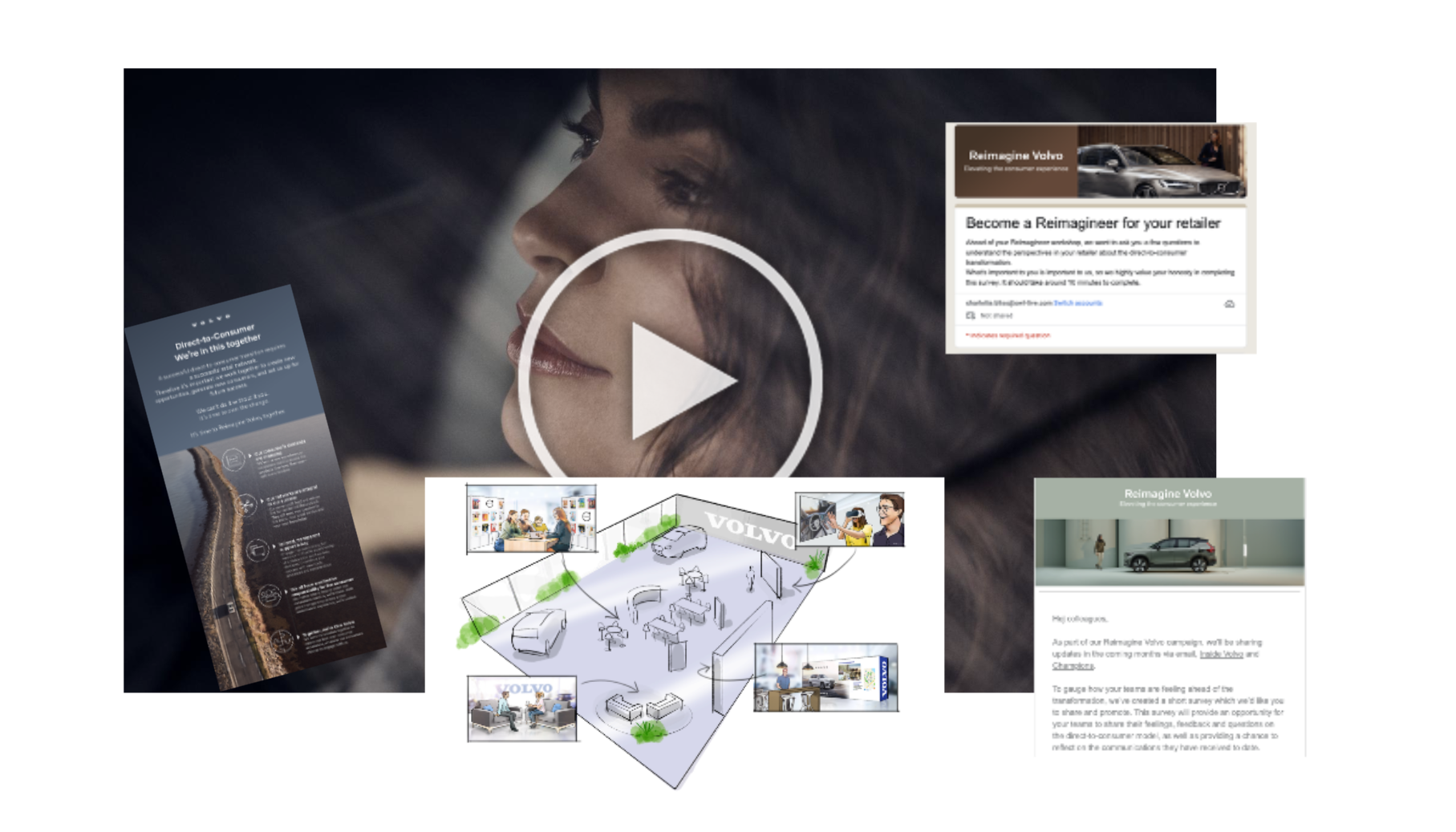 Digital collage featuring a woman's face with a play button overlay, promoting Volvo's reimagine program with various informational and promotional materials about Volvo cars and experiences.