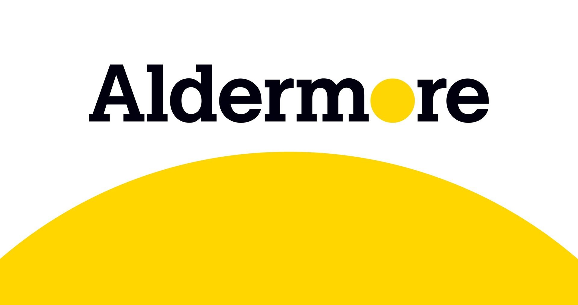Graphic with the word 'Aldermore' in black text, with a yellow circle replacing the 'o', and a large yellow semicircle at the bottom.