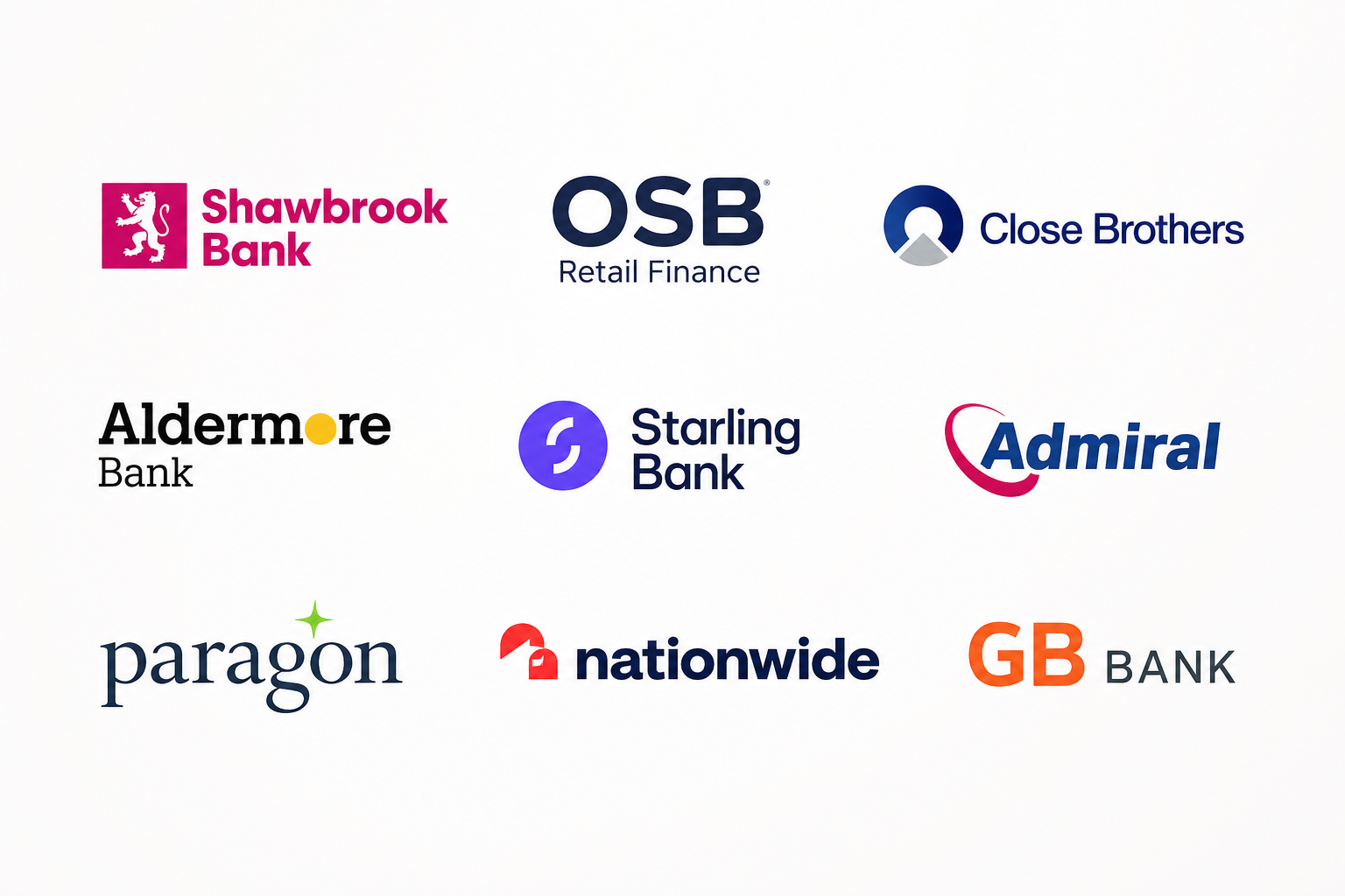 Logos of various banks, including Shawbrook Bank, OSB Retail Finance, Close Brothers, Aldermore Bank, Starling Bank, Admiral, Paragon, Nationwide, and GB Bank, arranged in three rows on a white background.