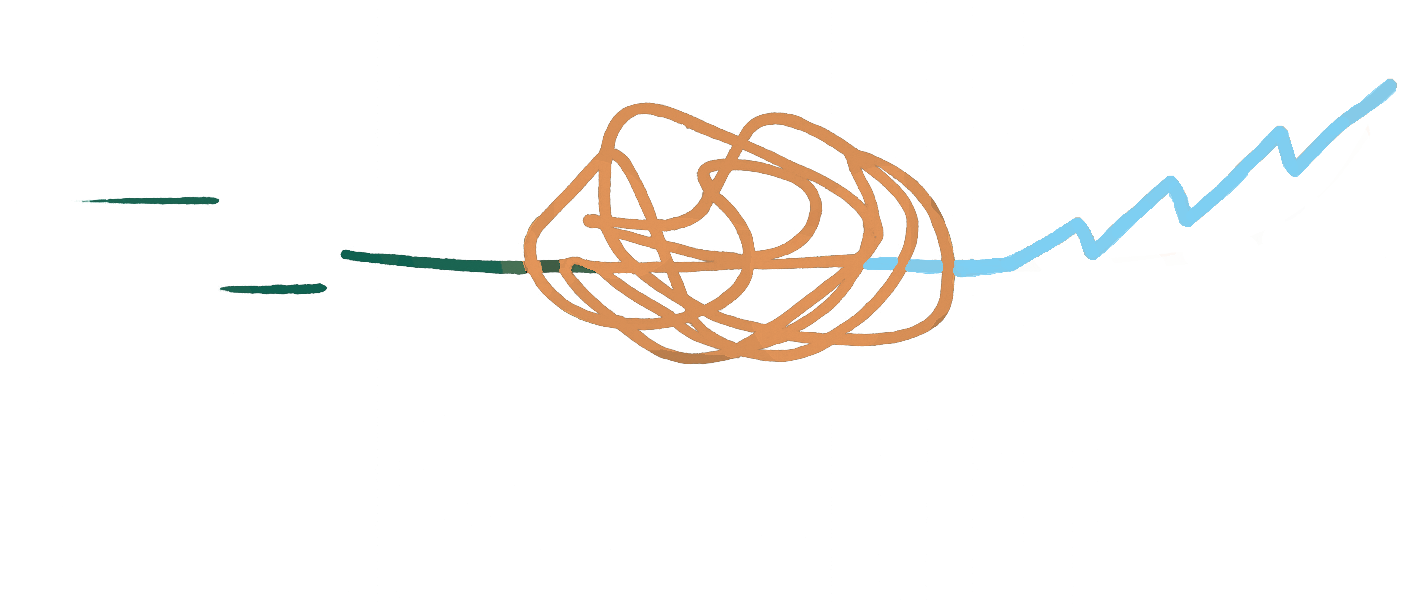 A computer drawing of a red box containing a tangled brown ball of yarn, a pair of scissors, and a blue chart with upward trending lines, representing data analysis.