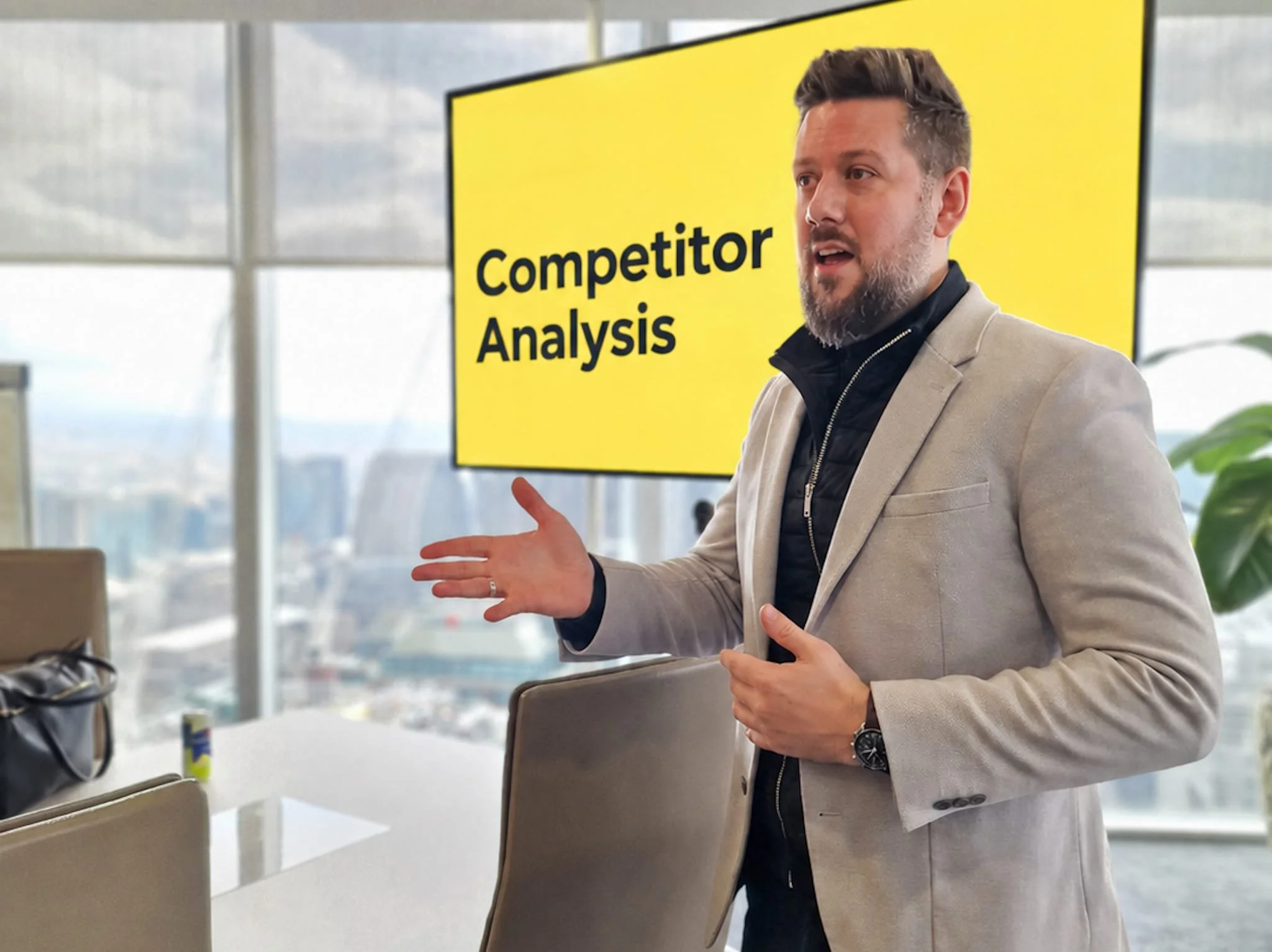Man giving a presentation in an office with a yellow slide that says "competitor analysis" in the background.