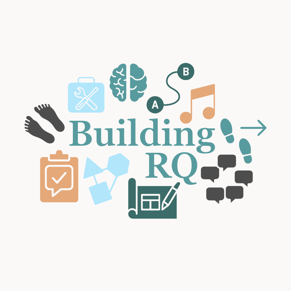Illustration of various icons including a brain, musical notes, speech bubbles, footprints, tools, and checklist, surrounding the words "Building RQ".