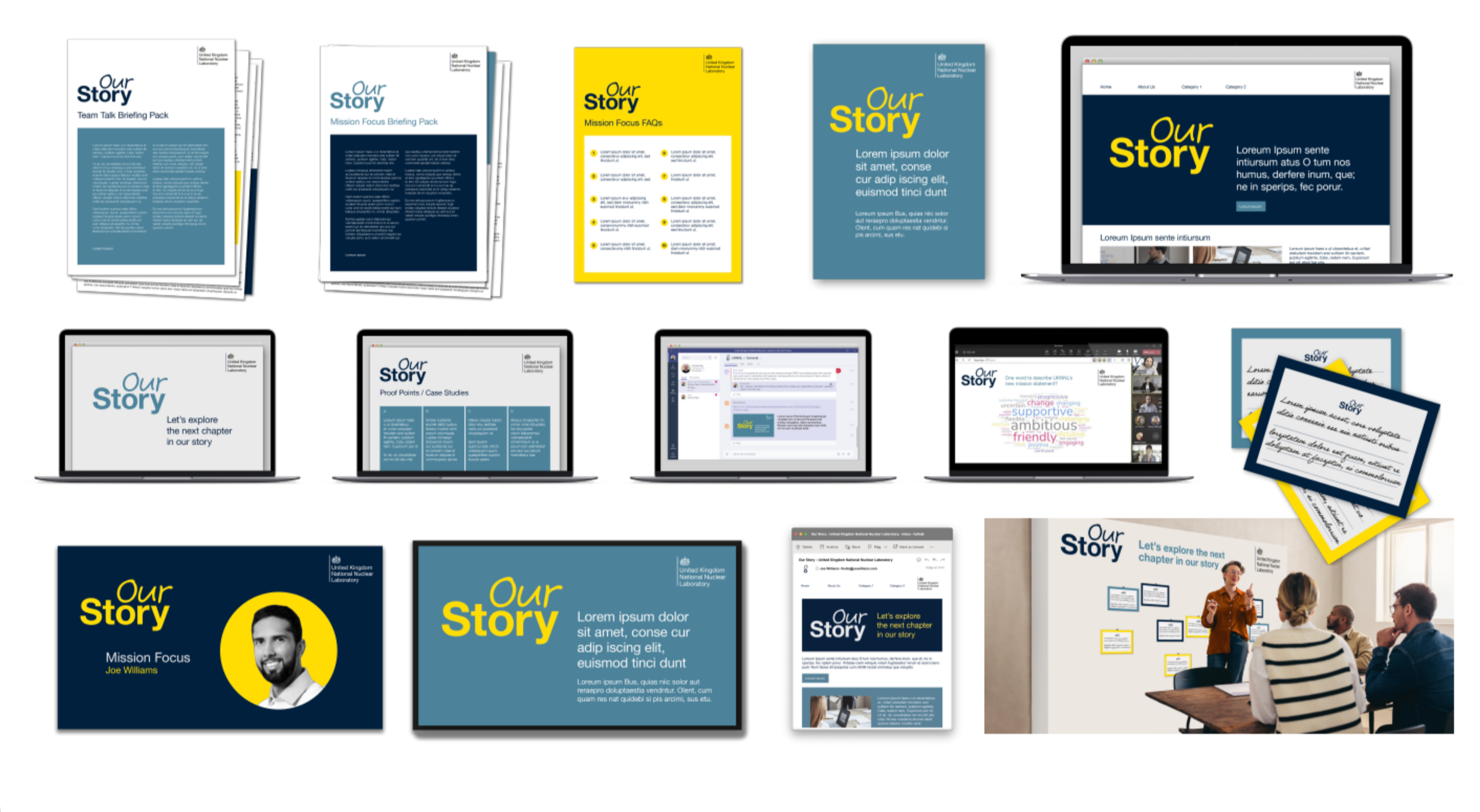 Collection of digital presentation slides, booklets, and a photo of a group discussion, all related to a story or project called "Our Story" by the United Kingdom's National Nuclear Laboratory.