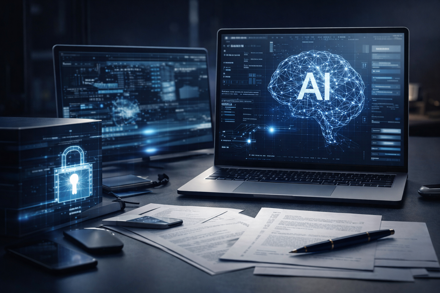 Ordinateur portable affichant une interface d’intelligence artificielle avec visualisation de réseau neuronal, icône de stockage sécurisé des données, documents juridiques et appareils dans un environnement technologique moderne.