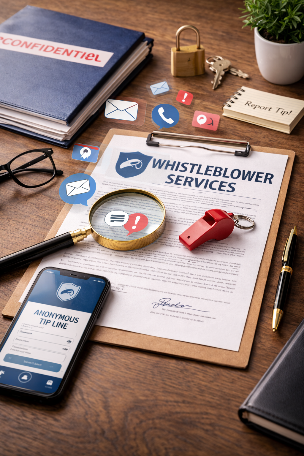 Document relatif aux services de lanceur d’alerte sur un bureau avec loupe, dossier confidentiel, cadenas, ligne de signalement anonyme affichée sur smartphone et icônes de conformité.