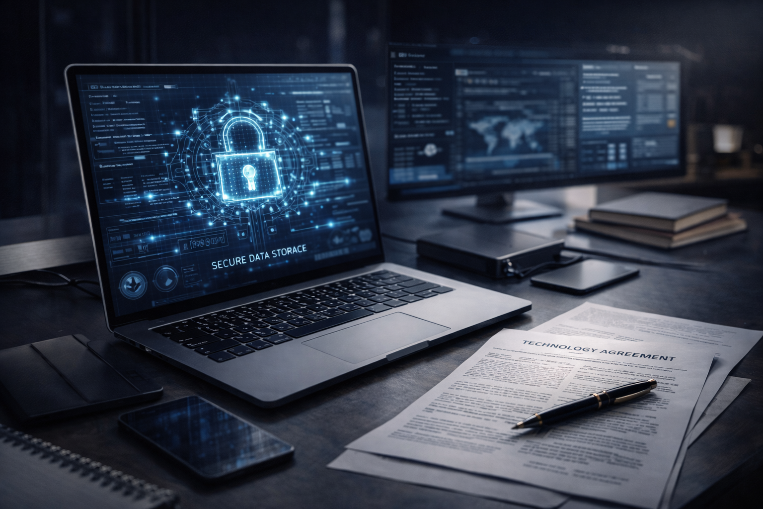 Ordinateur portable affichant une interface de stockage sécurisé des données avec icône de cadenas numérique, document d’accord technologique, smartphone et écrans dans un bureau moderne.