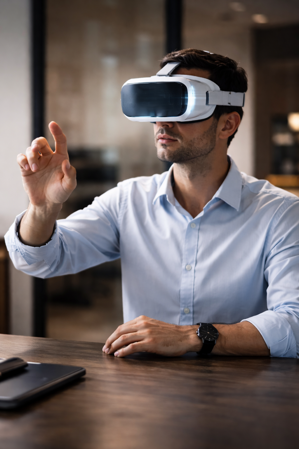 Professionnel portant un casque de réalité virtuelle et interagissant avec une interface numérique, assis à un bureau dans un espace de travail moderne.