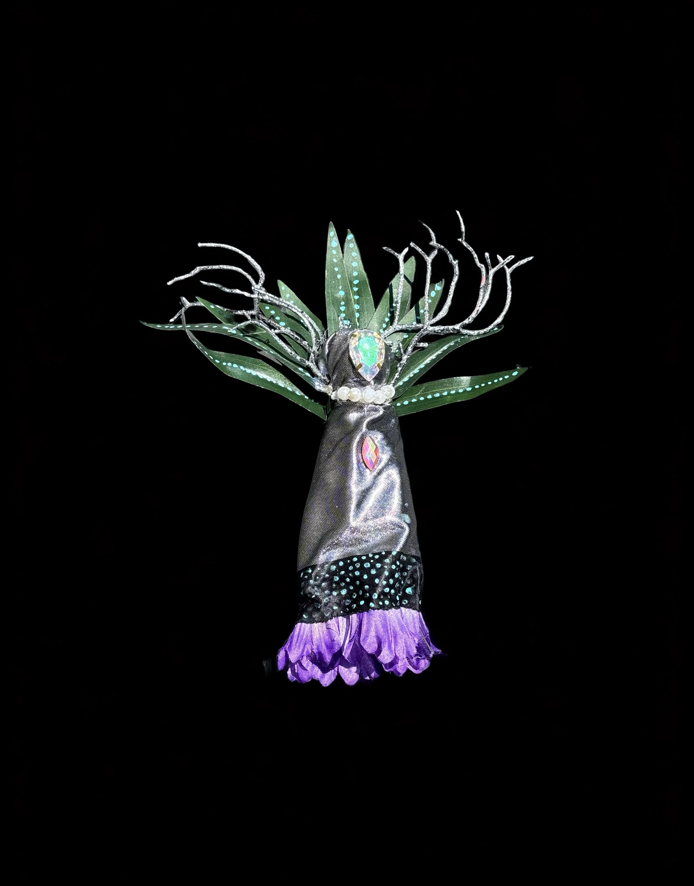  Ascension Spirit   
Soft Sculpture 
 Found Materials   
Discarded Doll, Fabric,  
Found Natural Materials,  
Costume Jewelry, Plastic Gems