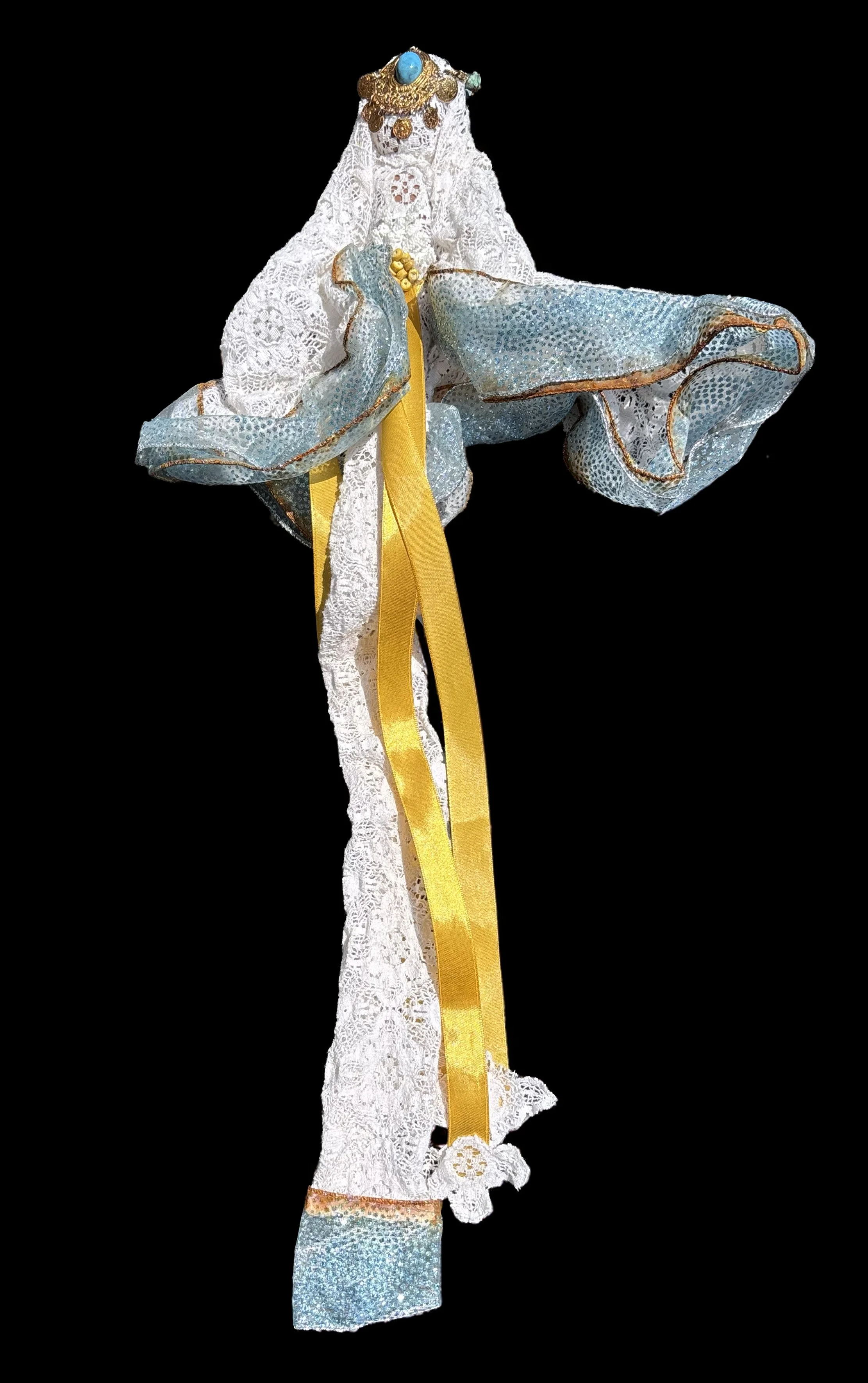  Ascension Spirit   
Soft Sculpture 
 Found Materials   
Discarded Doll, Fabric,  
Found Natural Materials,  
Costume Jewelry, Plastic Gems