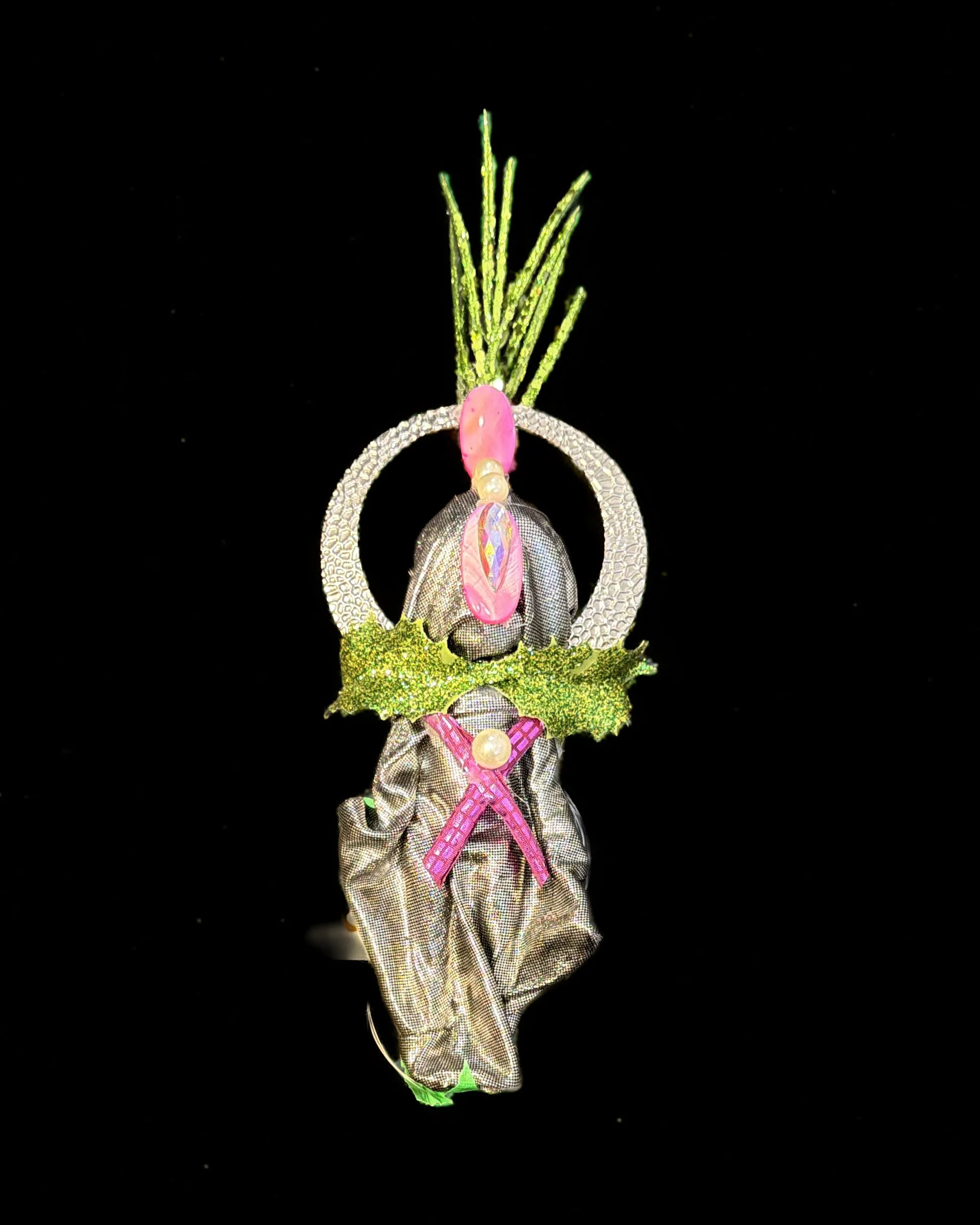  Ascension Spirit   
Soft Sculpture 
 Found Materials   
Discarded Doll, Fabric,  
Found Natural Materials,  
Costume Jewelry, Plastic Gems