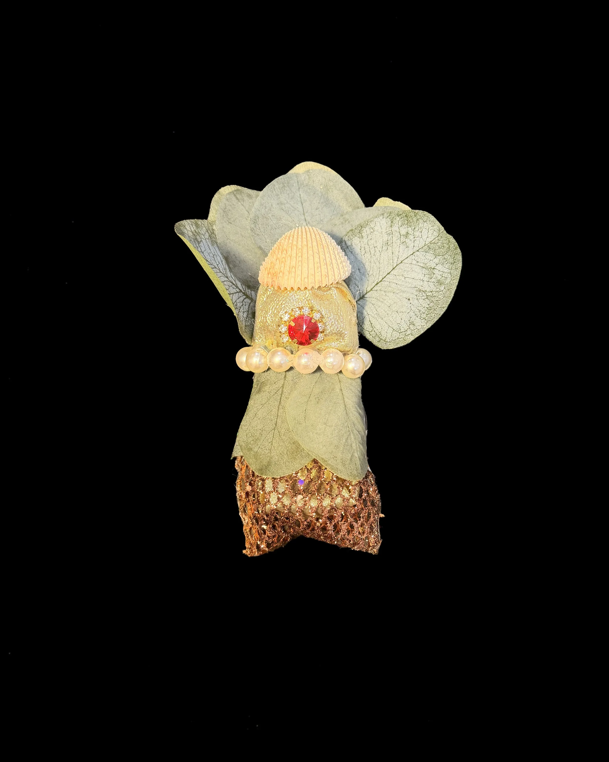  Ascension Spirit   
Soft Sculpture 
 Found Materials   
Discarded Doll, Fabric,  
Found Natural Materials,  
Costume Jewelry, Plastic Gems