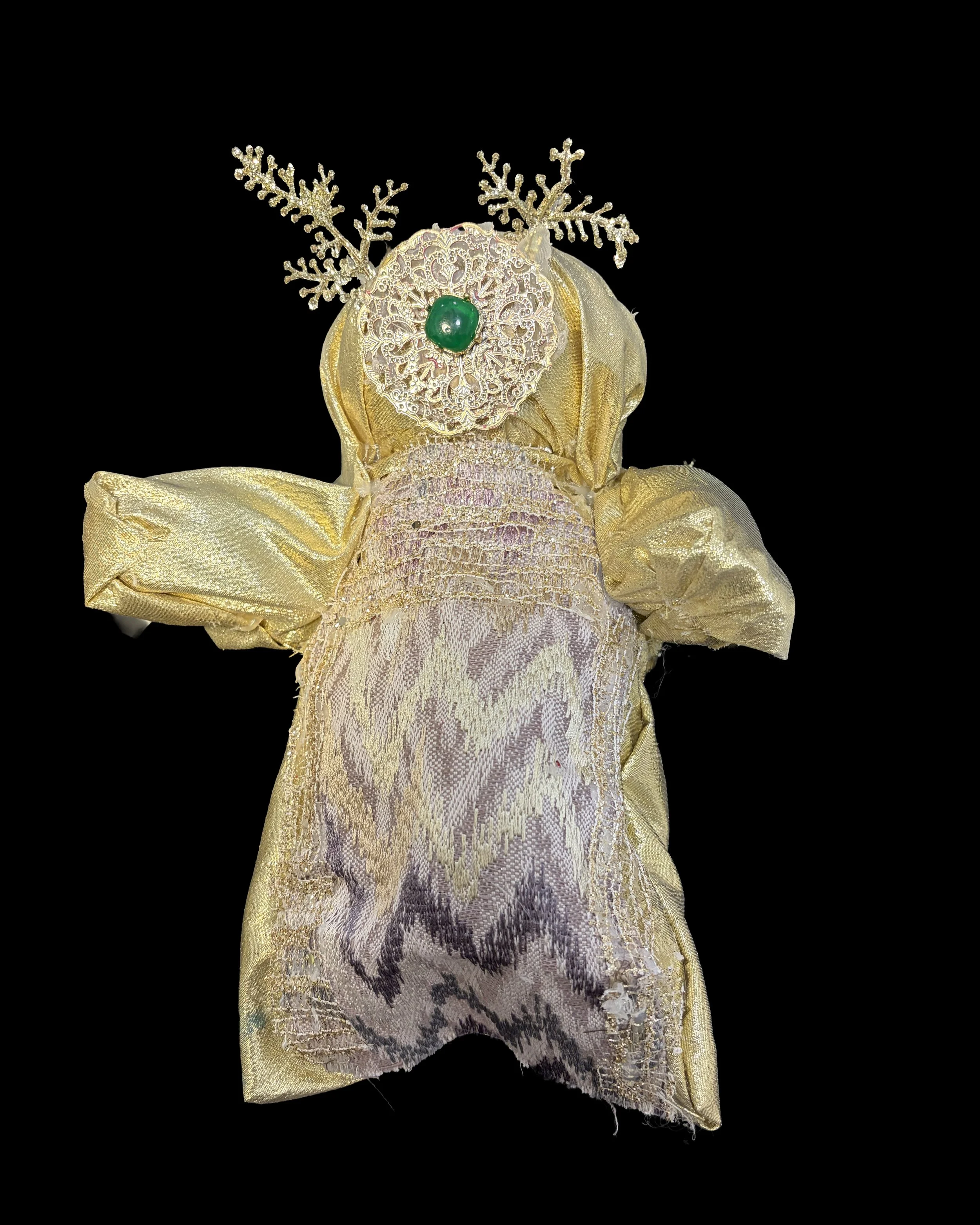  Ascension Spirit   
Soft Sculpture 
 Found Materials   
Discarded Doll, Fabric,  
Found Natural Materials,  
Costume Jewelry, Plastic Gems