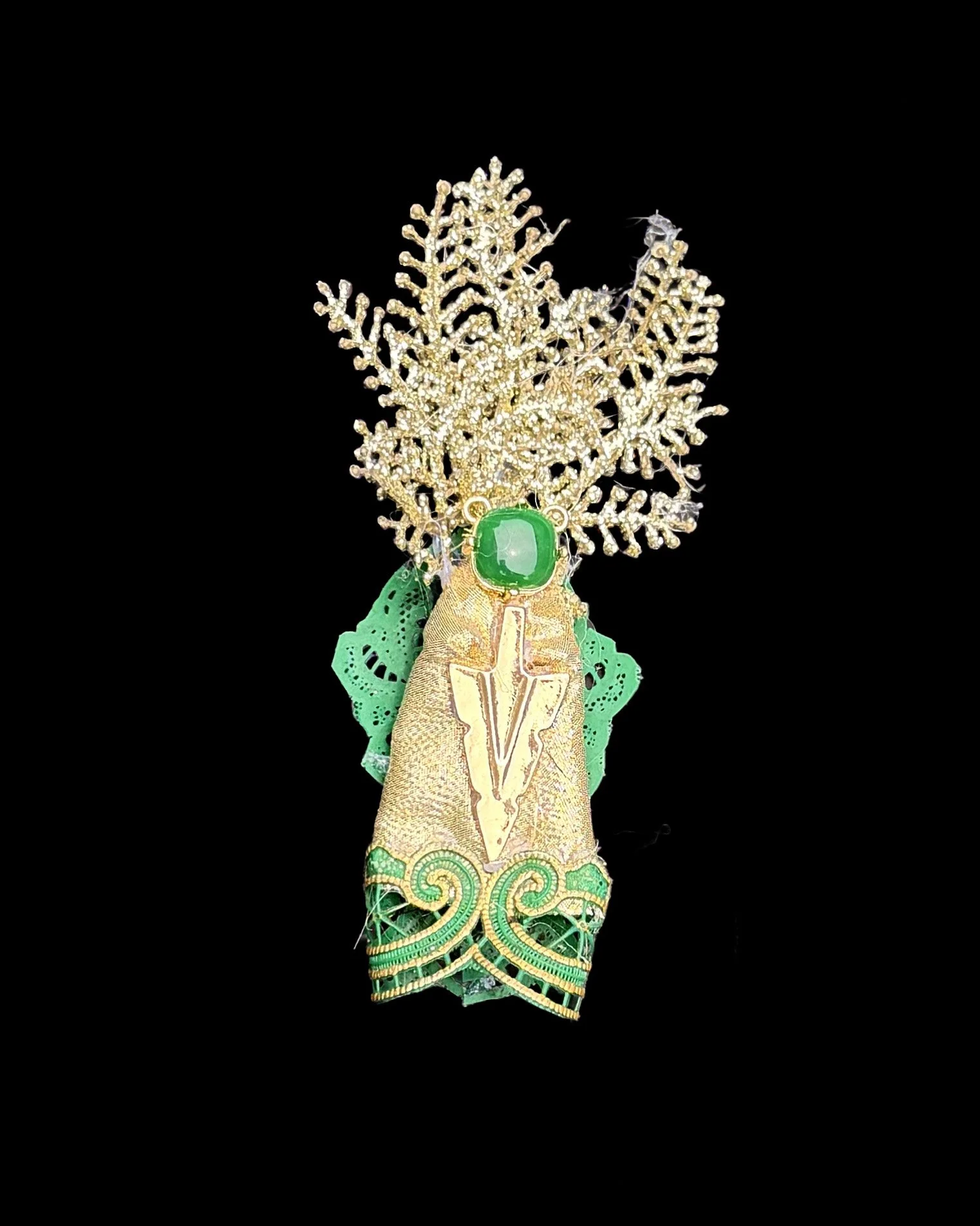  Ascension Spirit   
Soft Sculpture 
 Found Materials   
Discarded Doll, Fabric,  
Found Natural Materials,  
Costume Jewelry, Plastic Gems
