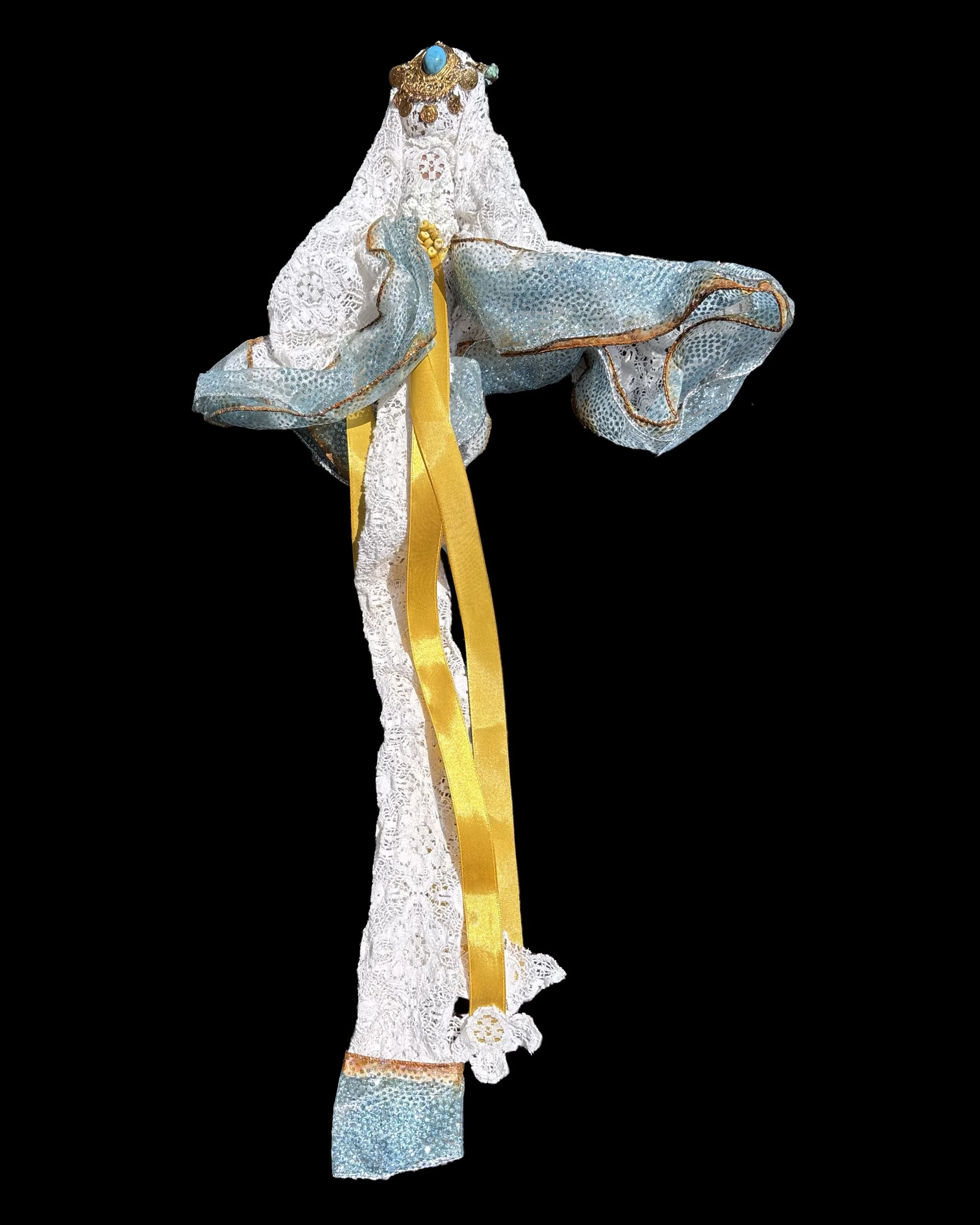  Ascension Spirit   
Soft Sculpture 
 Found Materials   
Discarded Doll, Fabric,  
Found Natural Materials,  
Costume Jewelry, Plastic Gems