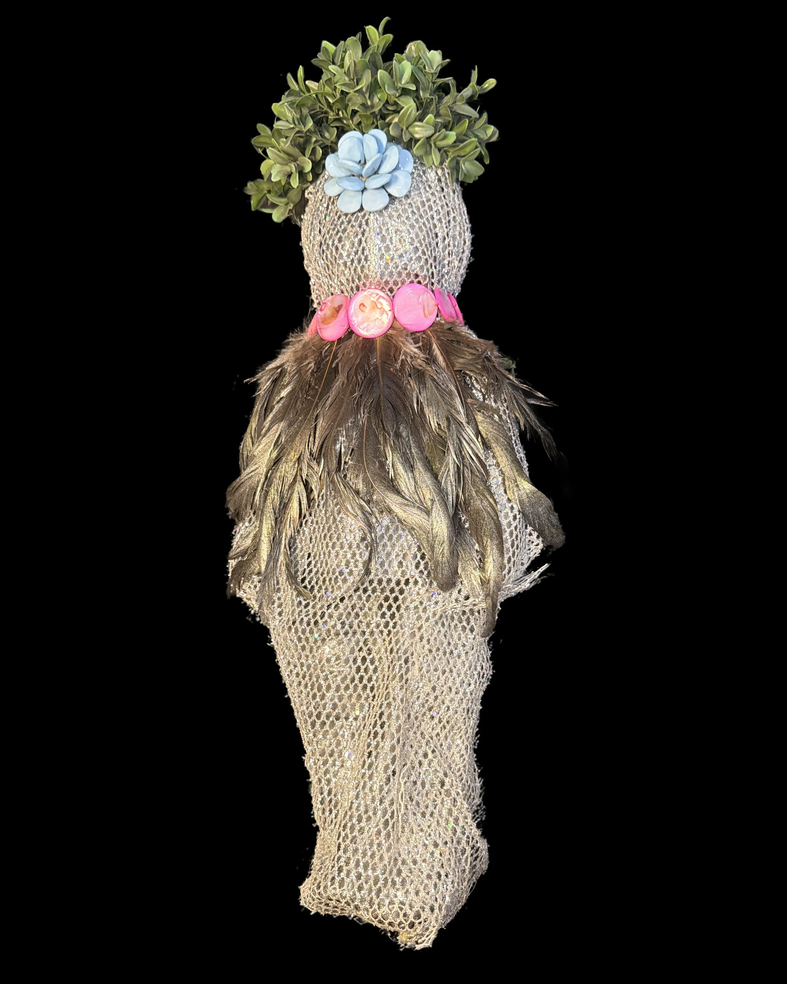  Ascension Spirit   
Soft Sculpture 
 Found Materials   
Discarded Doll, Fabric,  
Found Natural Materials,  
Costume Jewelry, Plastic Gems