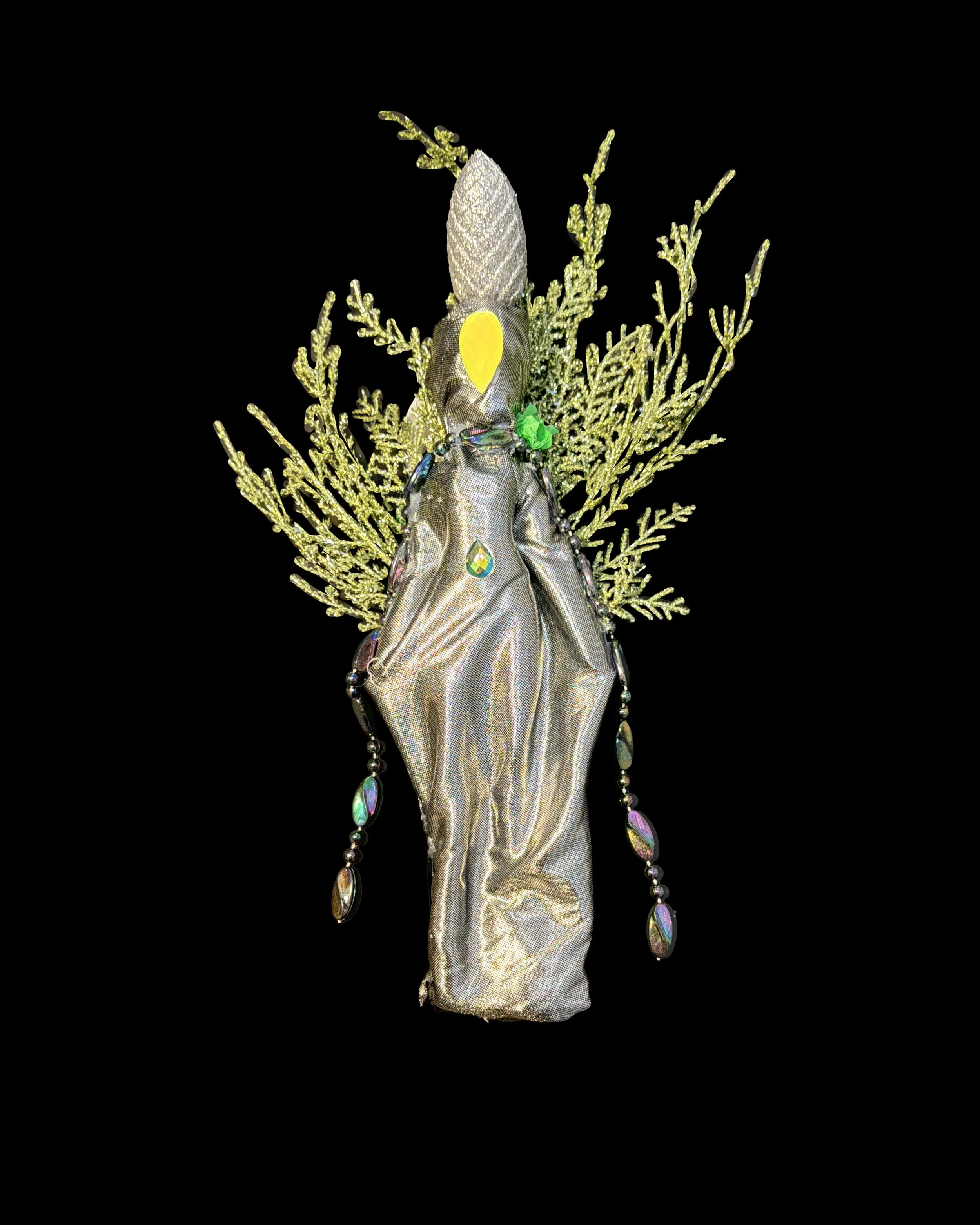  Ascension Spirit   
Soft Sculpture 
 Found Materials   
Discarded Doll, Fabric,  
Found Natural Materials,  
Costume Jewelry, Plastic Gems