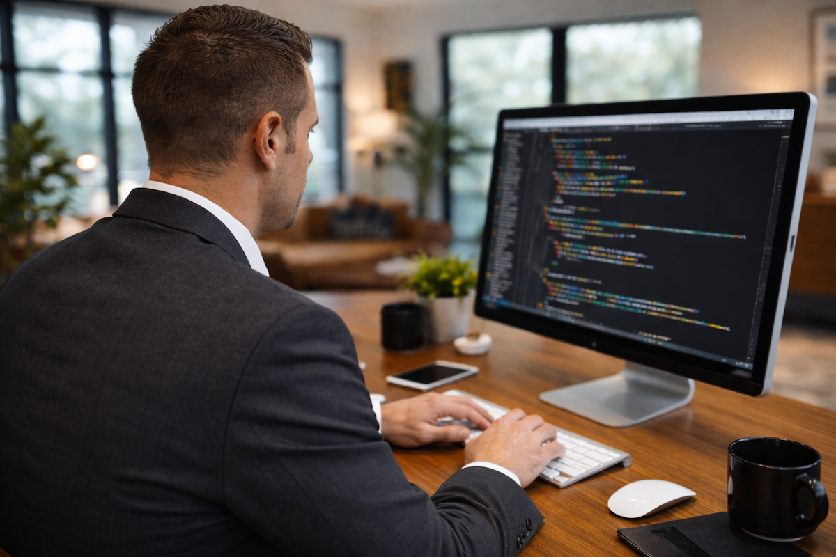 Man in business suit programming at a wooden desk in a modern office, with a large computer monitor displaying code.