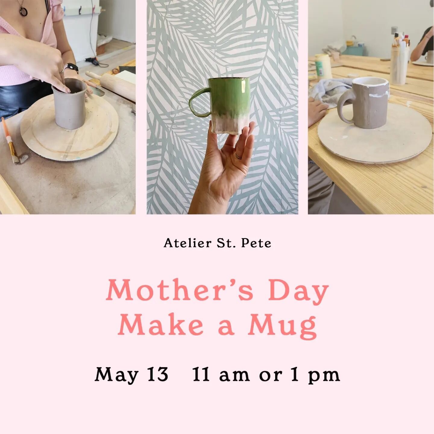 Join us for Mother's Day on May 13 and have an unforgettable experience together! 

We offer both making a mug by hand or throwing 2 bowls on the wheel. Sign up using the link in our bio.

We will finish your piece with a clear glaze and firing. They