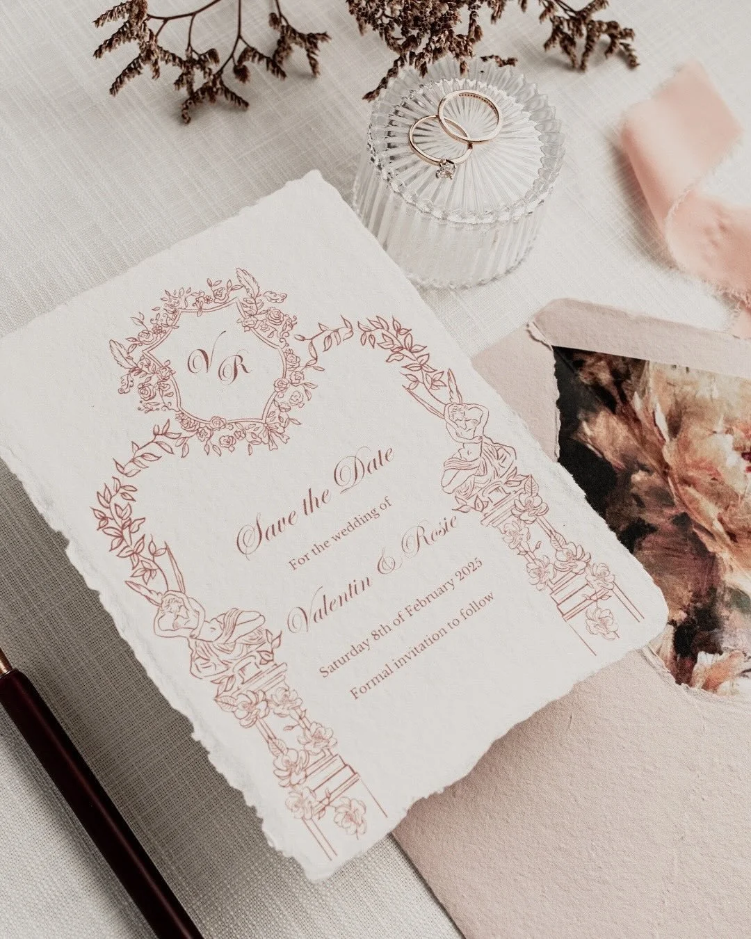From a delicate sketch to a treasured keepsake. 
This luxury wedding stationery design for Valentin &amp; Rosie captures the romance of timeless love stories where art, texture, and story meet on paper.

Each detail was hand illustrated, inspired by 