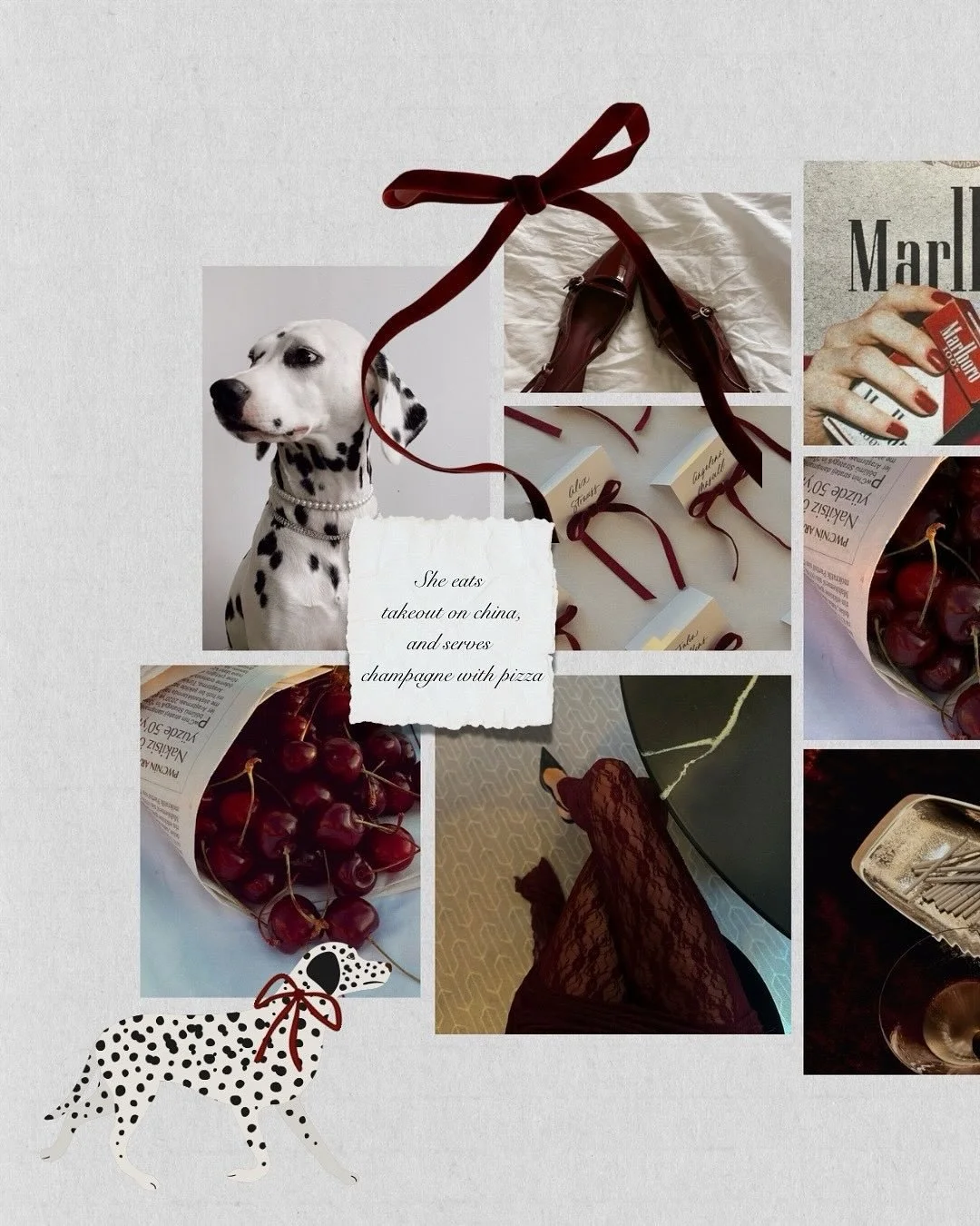 She eats takeout on china, and serves champagne with pizza 💋
Think Goodfellas dinner meets Christmas soir&eacute;e; velvet ribbons and cigarette trays, cherries in crystal, a table set in candlelight and a little mischief. The kind of evening where 