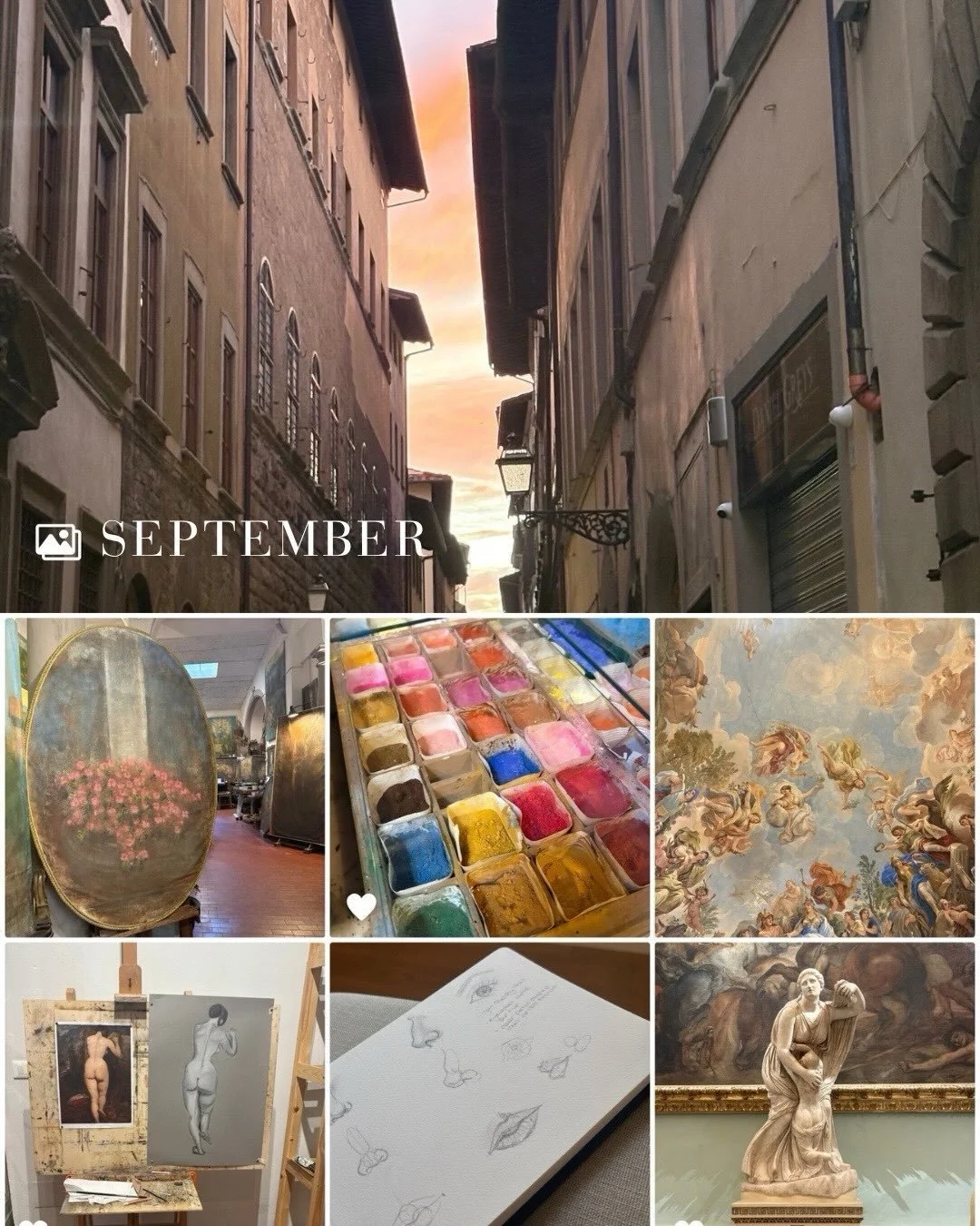 September Lately 💋
Florence light, messy sketchbooks, hours at the easel, museum afternoons, calligraphy drills &amp; the beginnings of autumn. 🍂