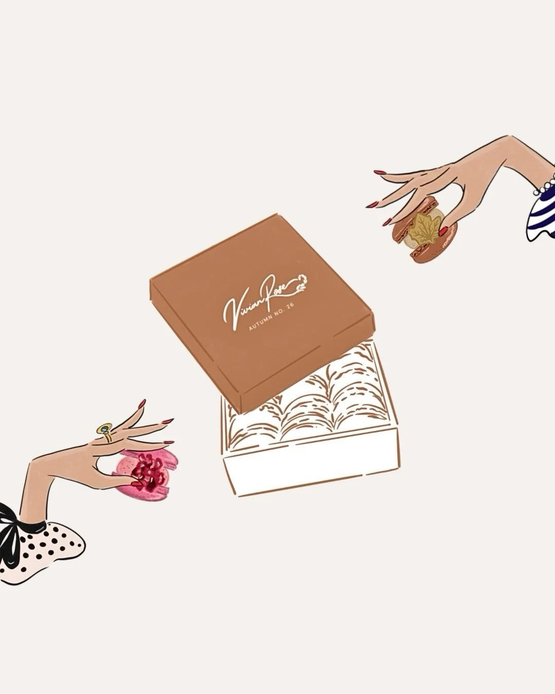 A little taste of autumn&hellip; 🍁

Something sweet I&rsquo;ve been working on. 
Loved bringing the new Autumn No. 26 menu for @vivianrose.co to life through bespoke illustrations.
From the prettiest macarons to the little fashion inspired details, 
