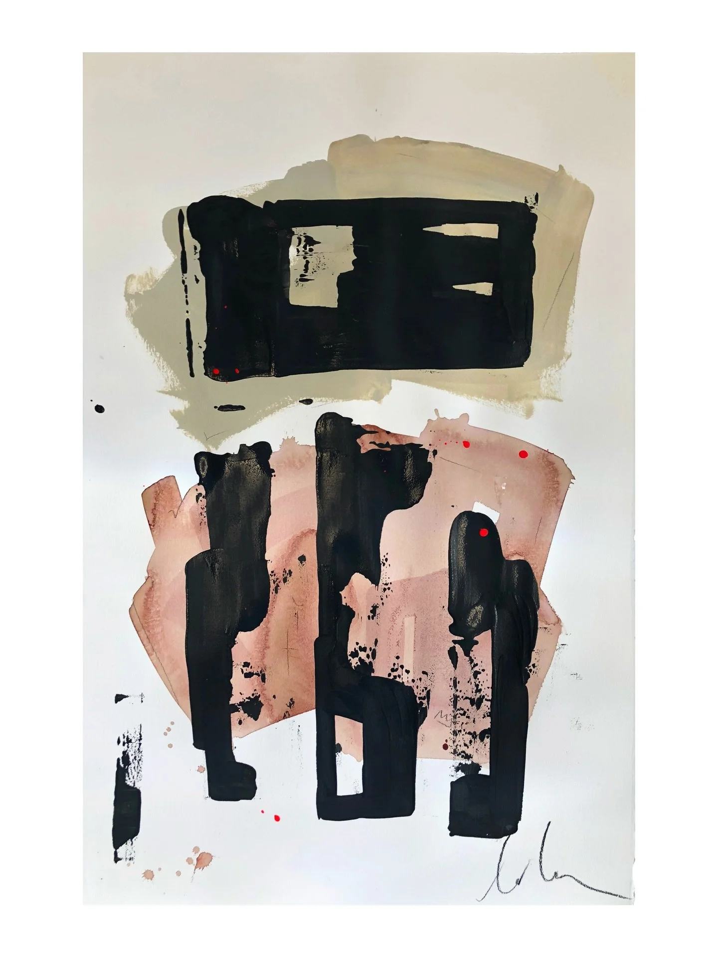 A work on paper from 2019. An early instance of the overlay motif.
Gestural marks move beneath a controlled surface. Black establishes structure. Neon pink interrupts&mdash;brief, electric.
D&eacute;colletage of Marie Antoinette is presented as a por