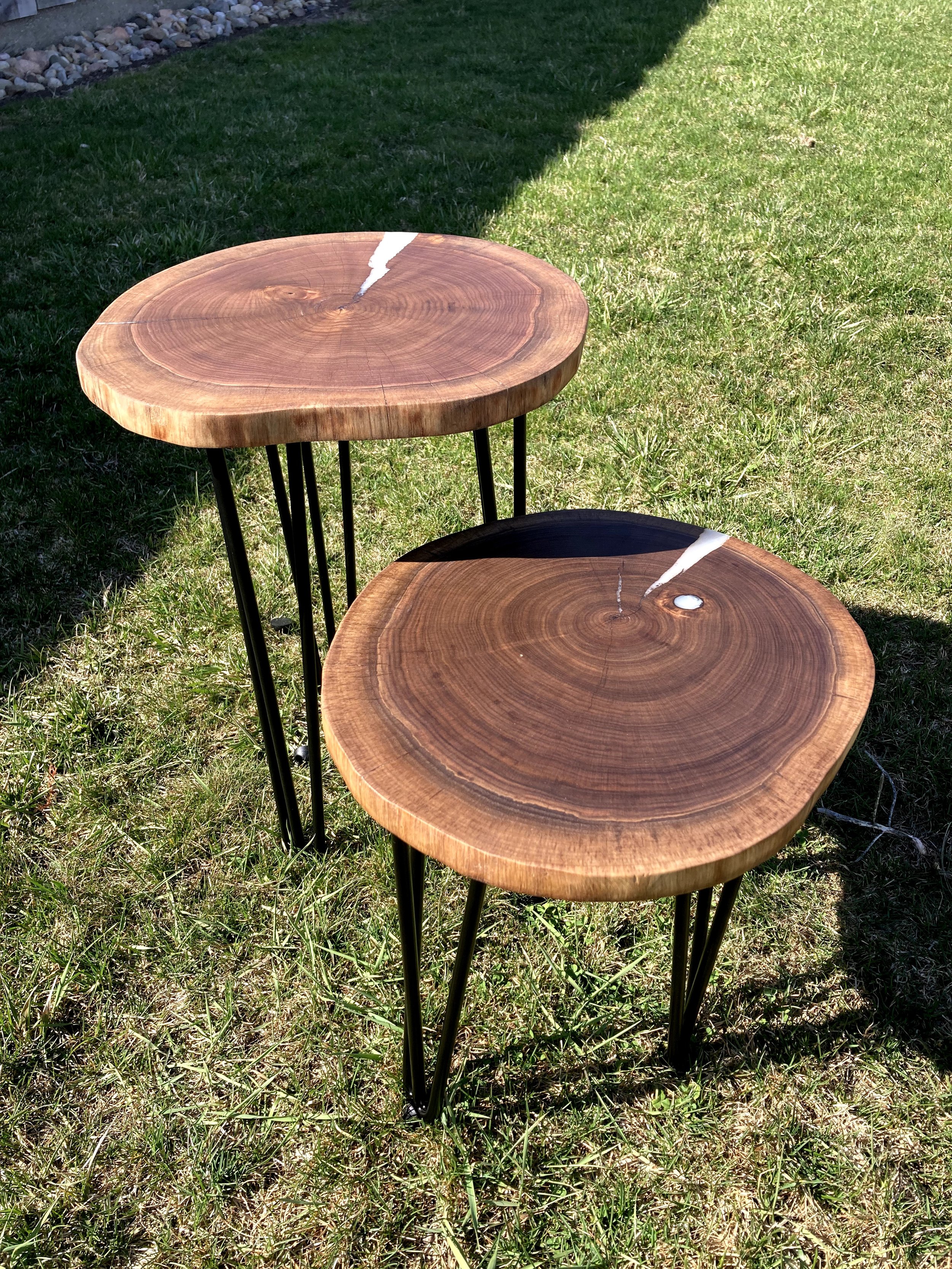 End Tables - Walnut cookie with white epoxy on hairpin legs