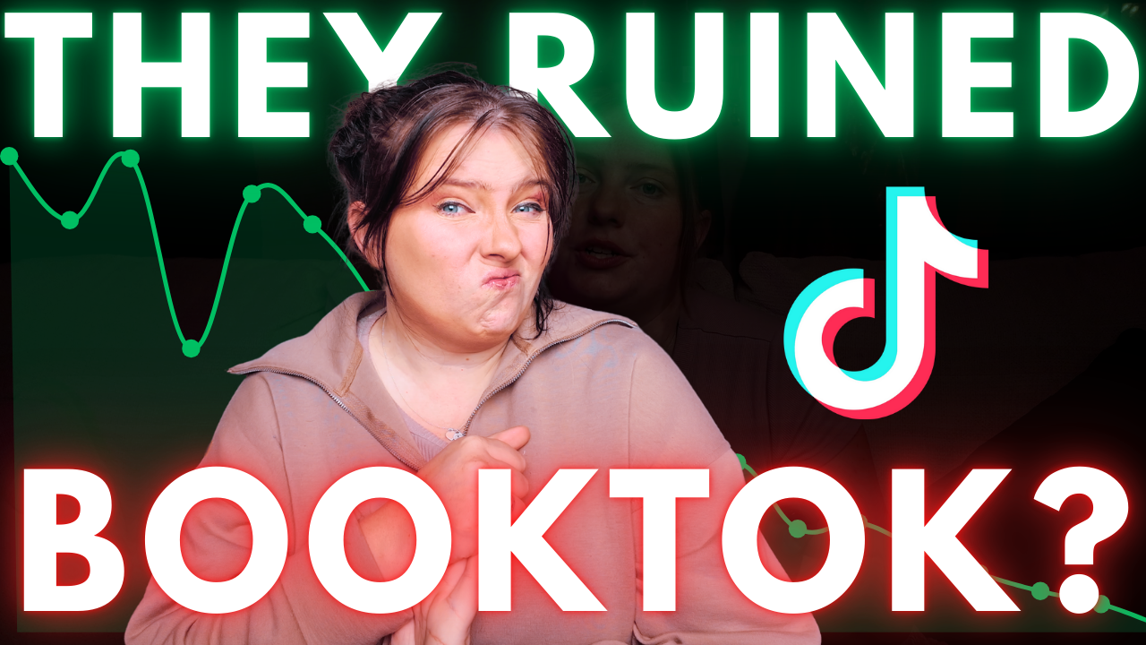 A photo of Kate with a declining graph behind her and the TikTok logo on the right. Kate has a grimace expression. Large text overlay, "They Ruined BookTok?"