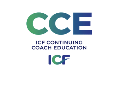 Logo for CCE ICF Continuing Coach Education with the letters 'CCE' in large font and the words 'ICF Continuing Coach Education' underneath. The ICF logo is at the bottom.