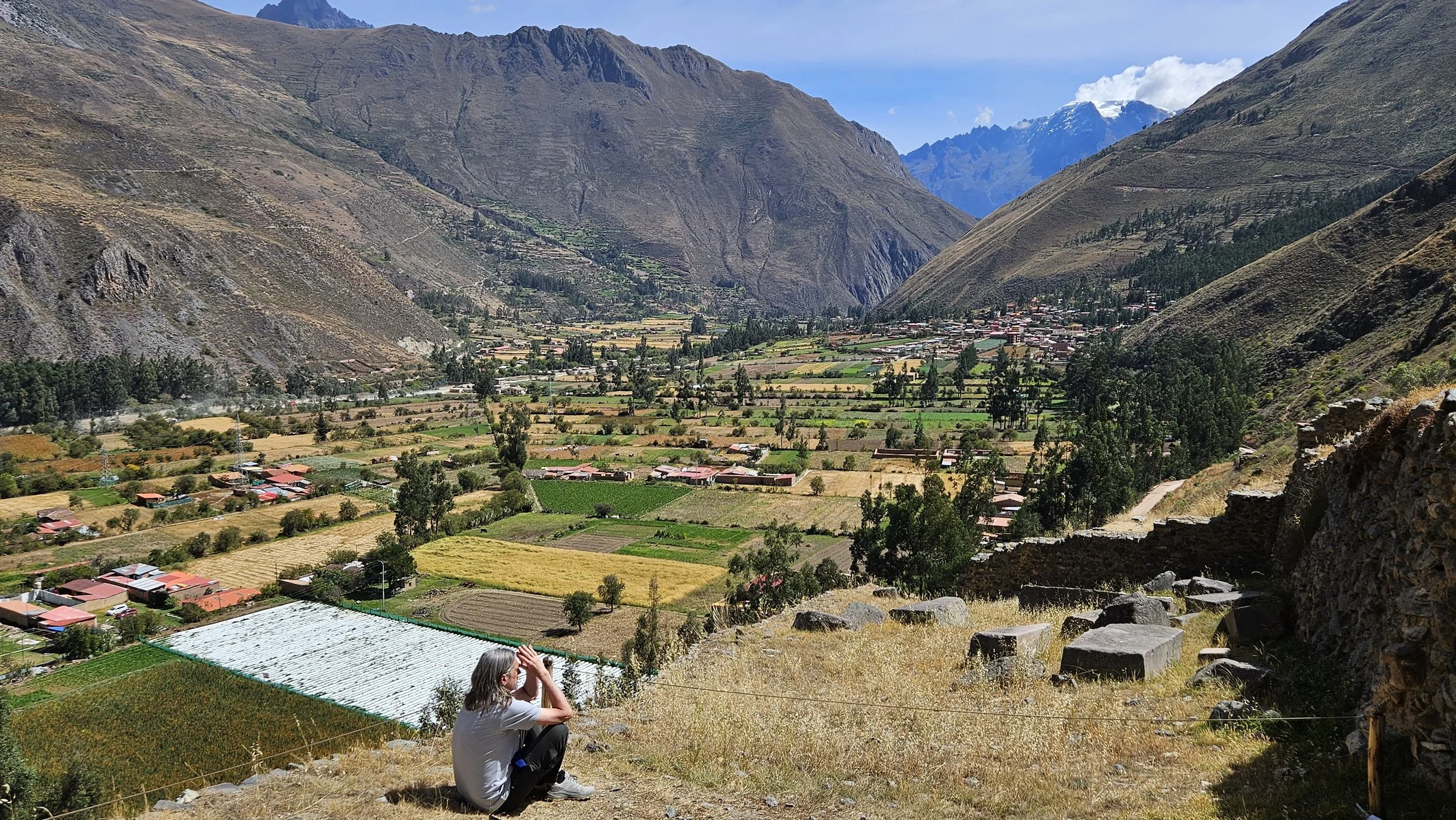 A person sitting on dry grass hill overlooking a lush valley with green fields, small houses, and tall mountains in the background.