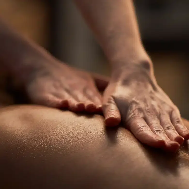 Close-up of hands performing a massage on someone's back.