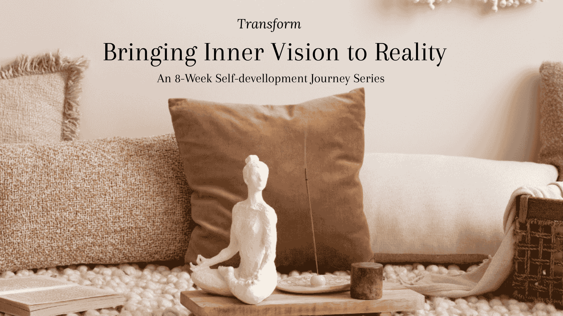 A cozy living room with beige and white pillows, a small mannequin statue, and decorative items on a wooden surface.