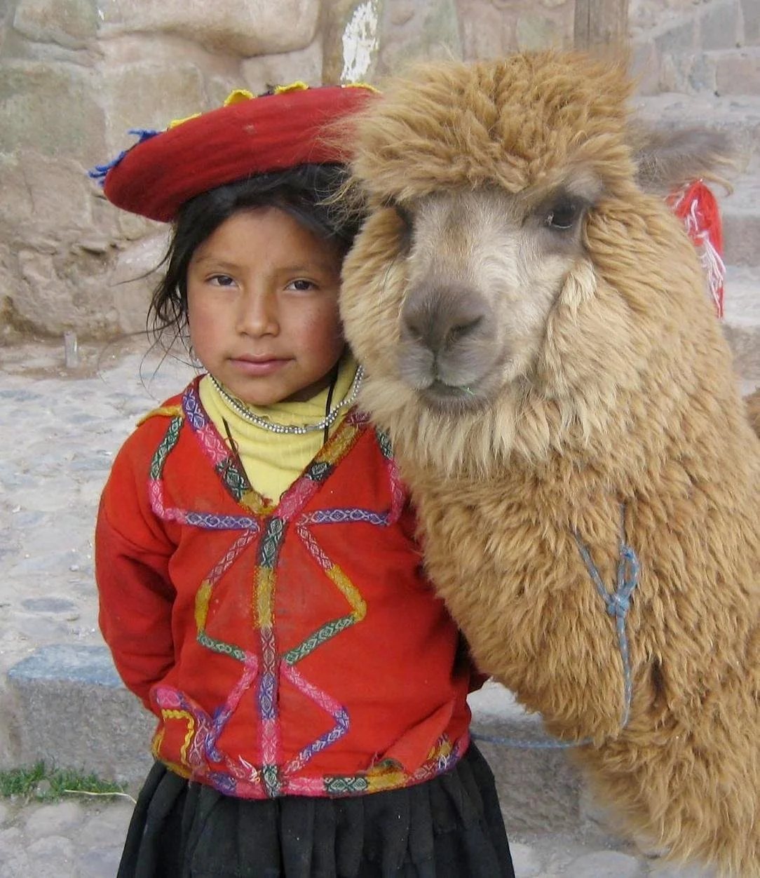 A young girl wearing traditional clothing and a red hat standing next to a fluffy llama.