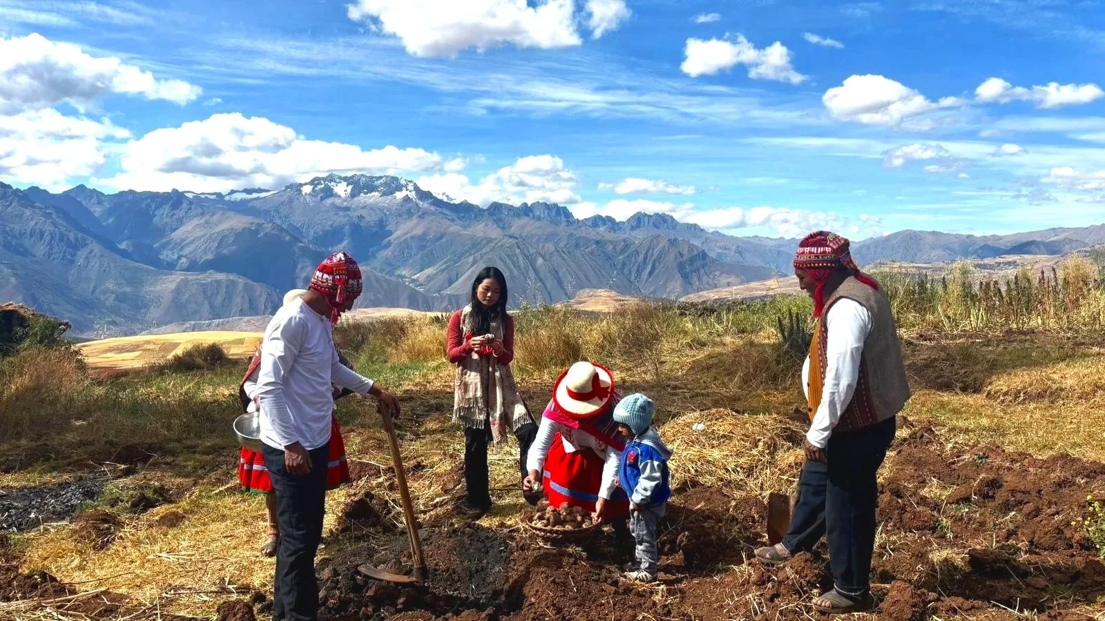 A group of people planting a tree in a rural, mountainous landscape with a blue sky and clouds.