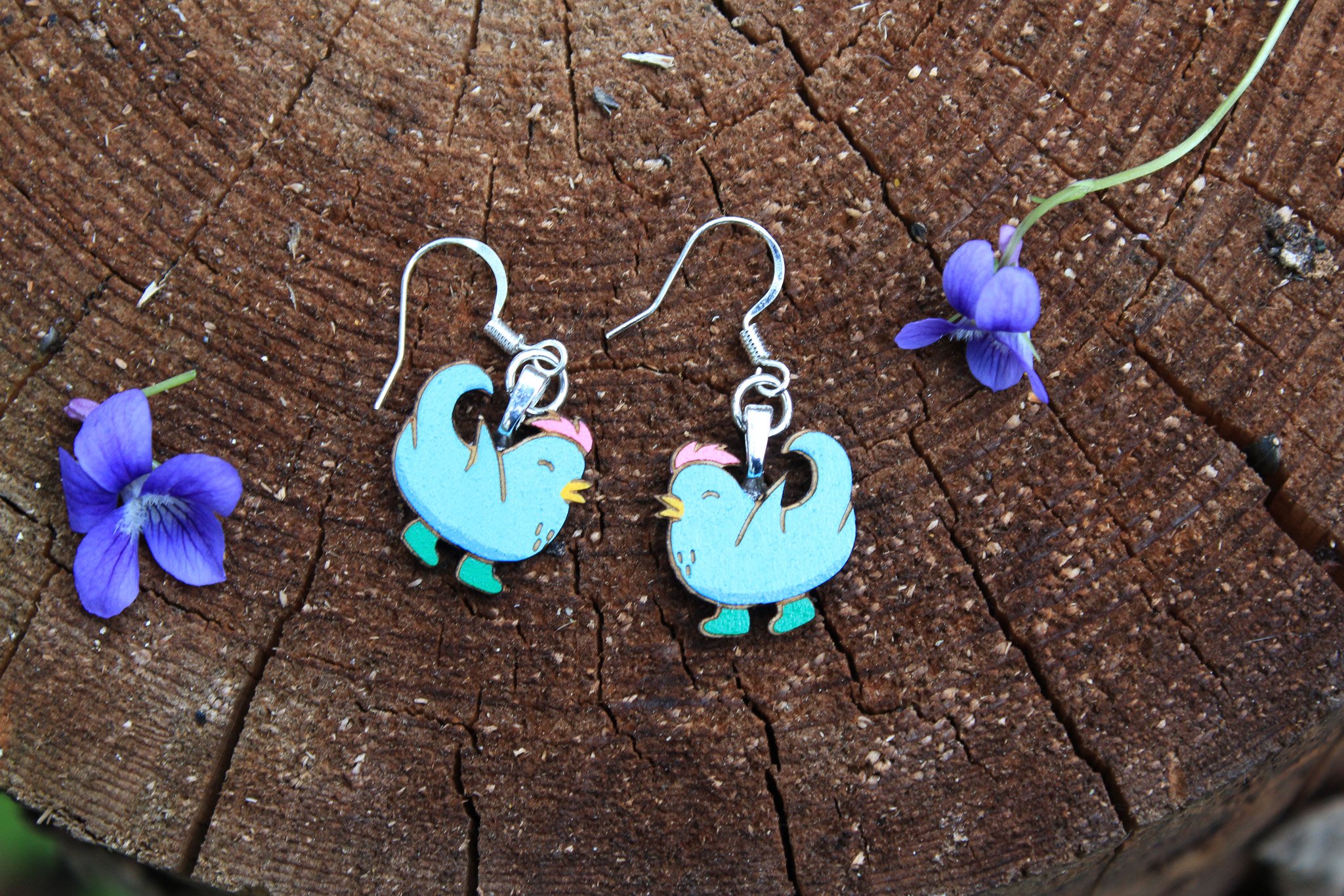 Spring - Blue Chicken Earrings