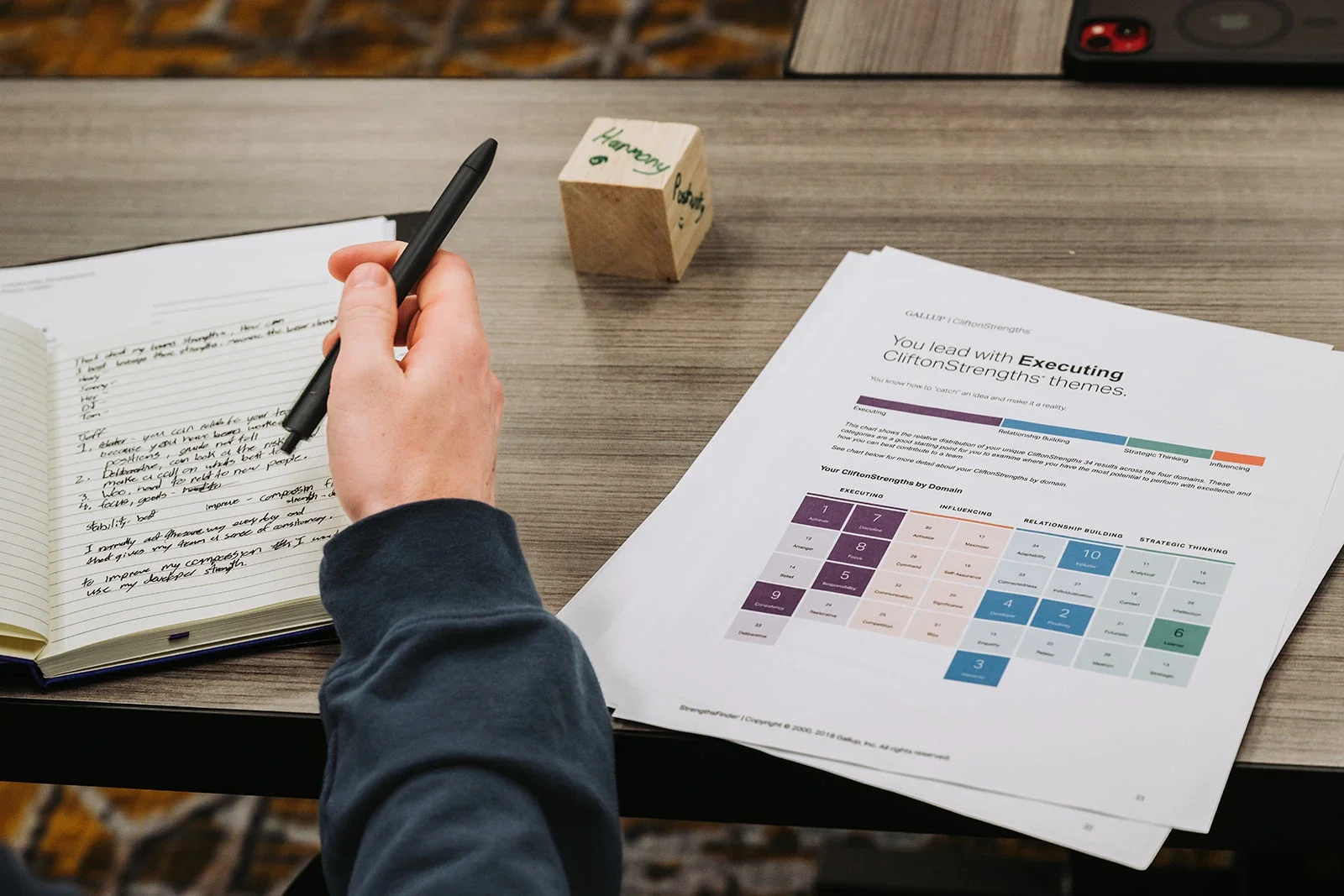 workshop, writing notes with packet nearby
