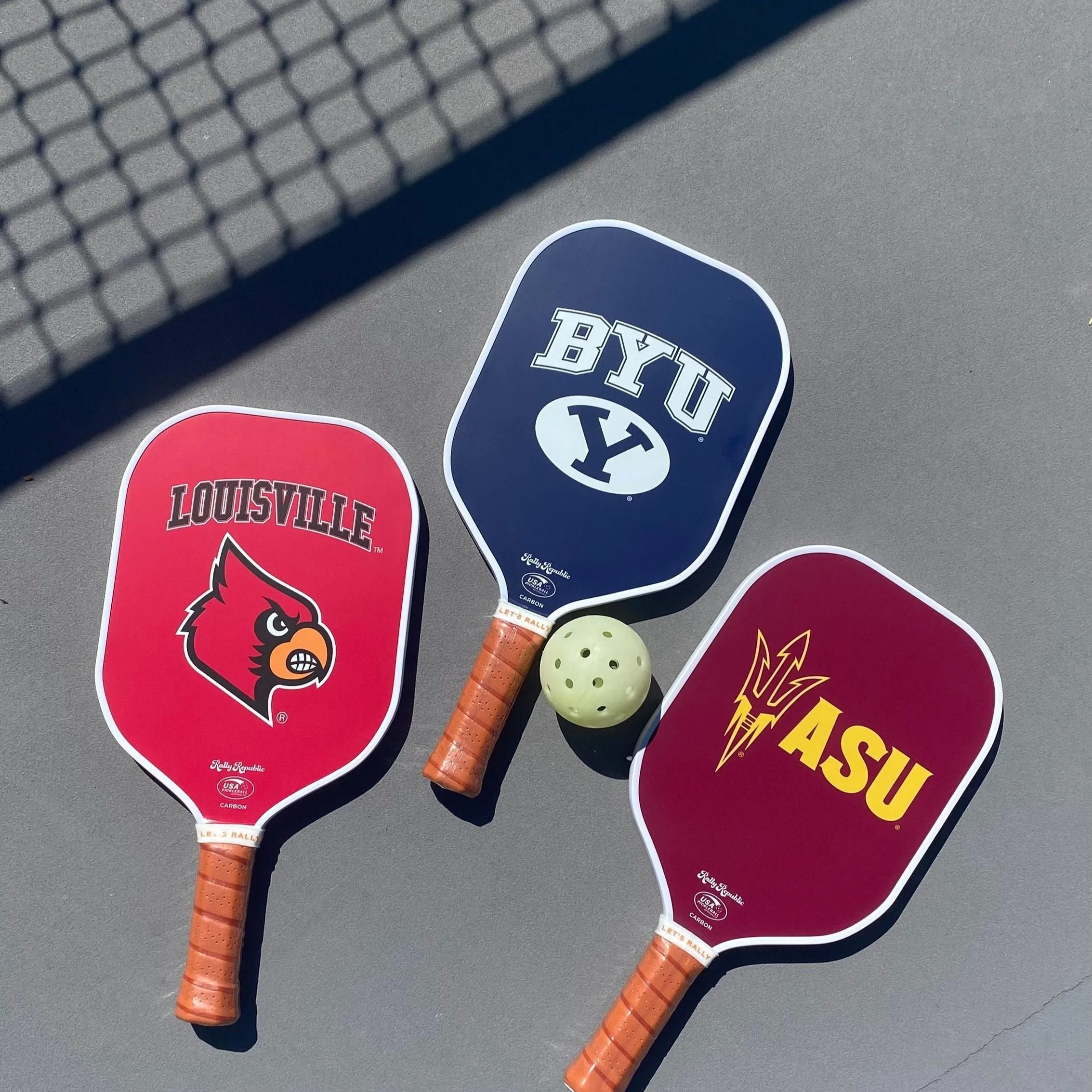 Officially licensed Rally Republic pickleball paddles for Louisville, BYU, and Arizona State