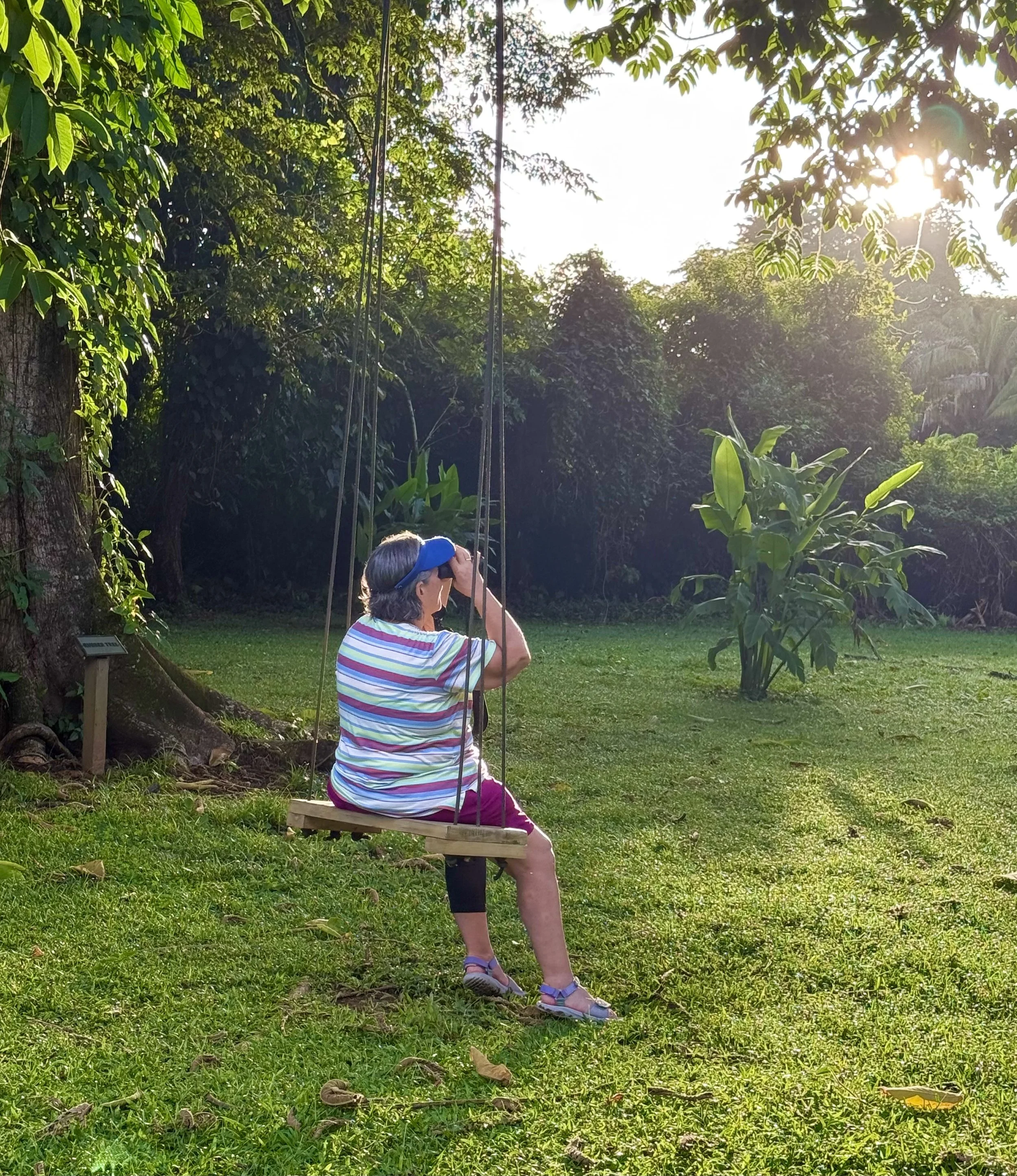 person on a swing using binoculars