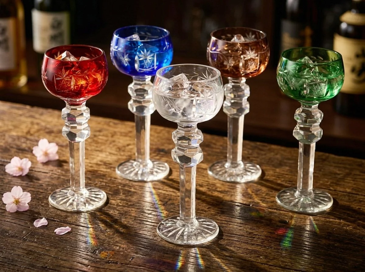 Japanese Edo Kiriko Crystal Goblets, Vintage Hand Cut to Clear Crystal Wine Glasses, Harlequin Set, Colored Overlay