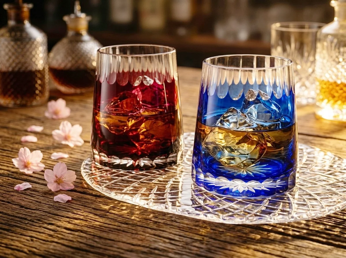 Mt. Fuji Kiriko Crystal Glass PAIR, Japanese vintage Hand Cut Crystal Tumblers, Red & Blue Fuji Edo Kiriko, Old Fashioned Whiskey Glasses