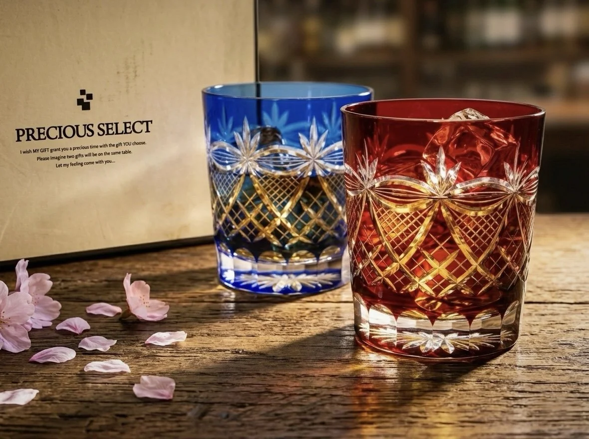 Japanese Kiriko Glass Pair, Hand Cut Crystal Tumblers from Precious Select, Vintage Whisky Glasses, Ayame Iris Pattern, Original Box