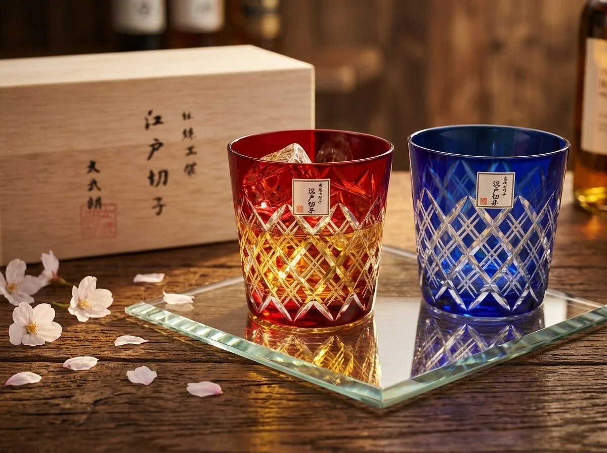 Edo Kiriko TABURO KOBO Glass Pair Red Blue with Wood box From JAPAN, Unused Vintage